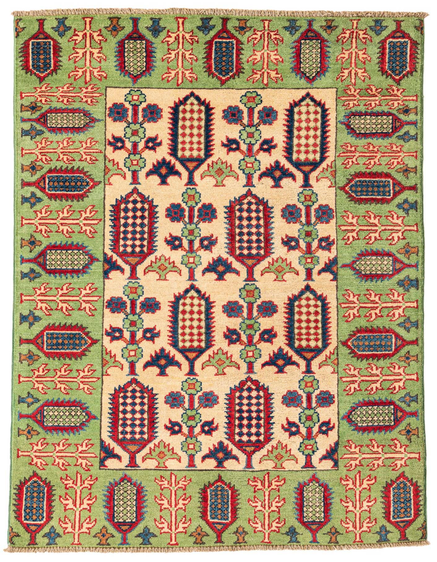A 3x5 rectangular ivory and green Kazak rug with traditional Southwestern and Oriental patterns, featuring red and blue accents.