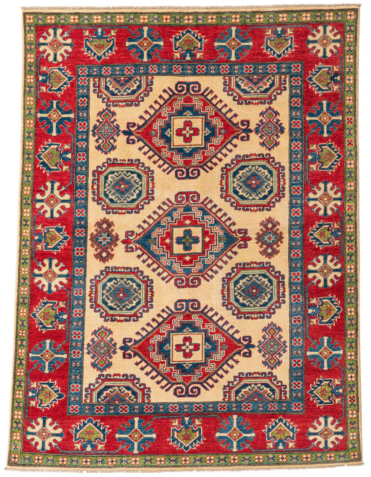 A 5x7 rectangular ivory rug with a bold red border and traditional Southwestern patterns in blue, red, and green.