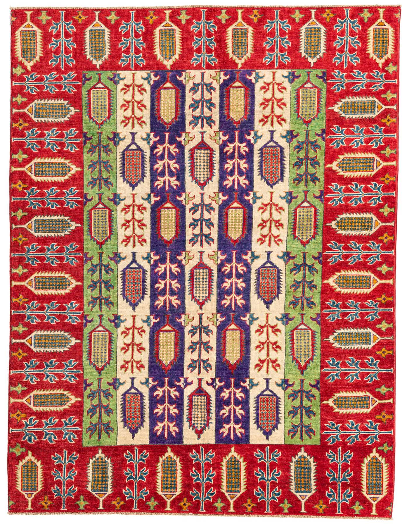 A 5x8 rectangular Rugs.com Kazak rug with a Southwestern-style pattern in red, ivory, blue, and green.
