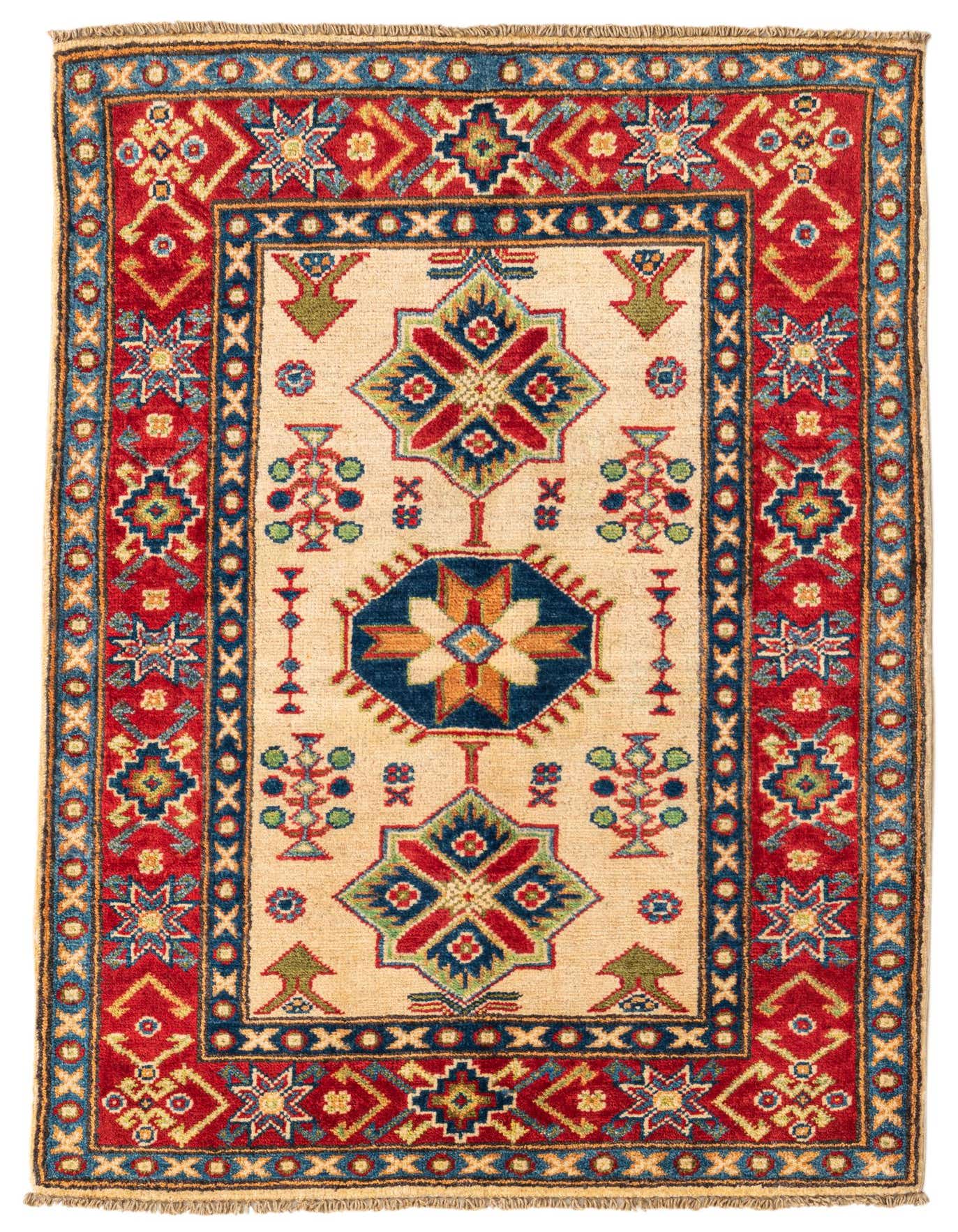 A 3x4 rectangular ivory Kazak rug with traditional Southwestern and Oriental patterns in red, blue, and green.