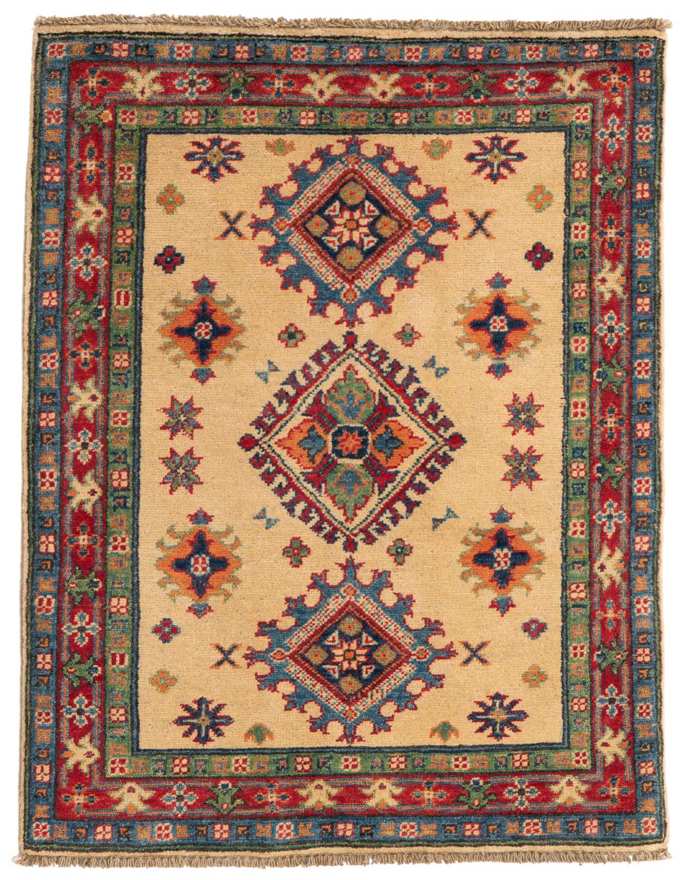 A 3x4 rectangular Rugs.com Kazak rug with an ivory field, featuring traditional Southwestern and Oriental patterns in red, blue, green, and orange.