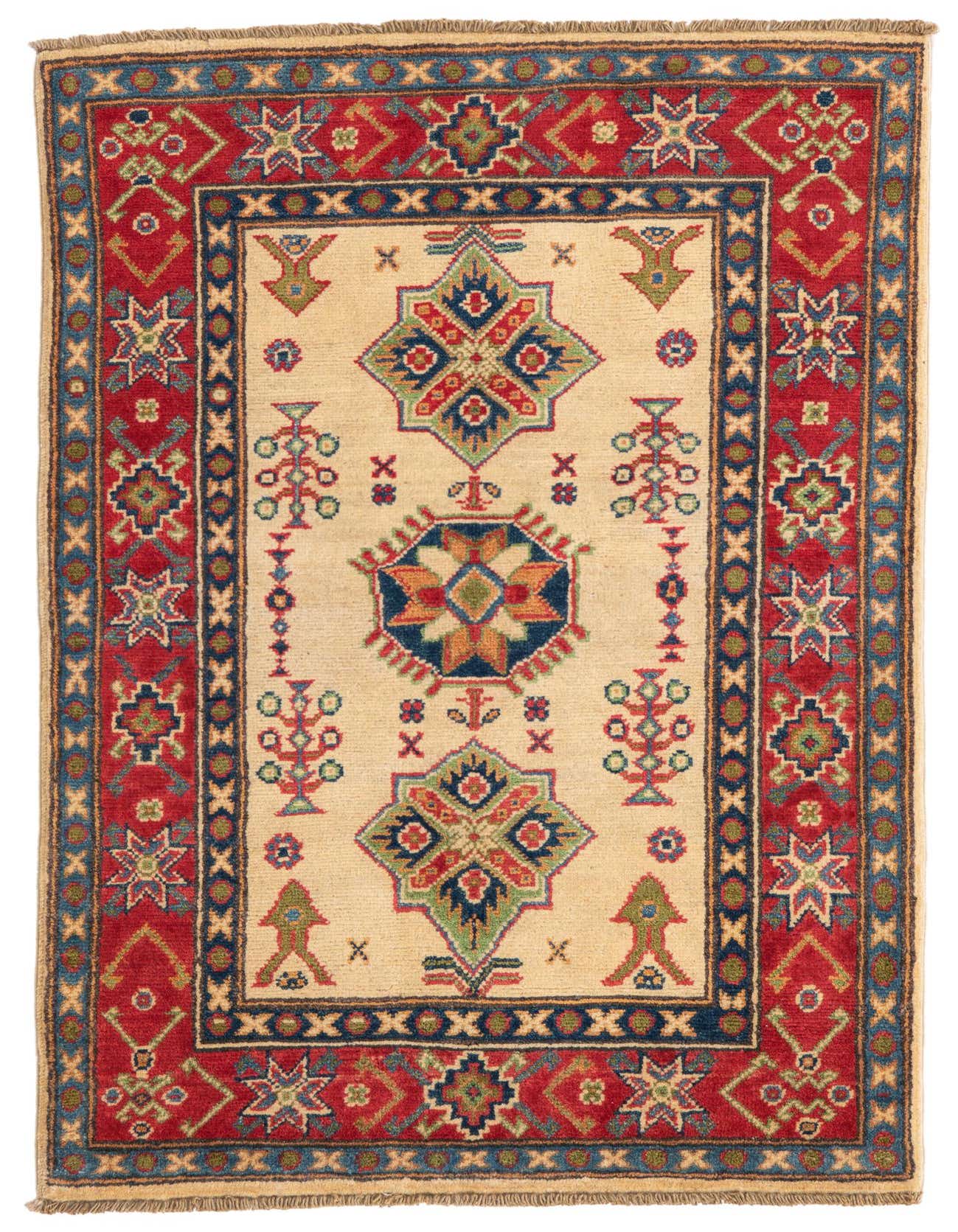 A 3x5 rectangular ivory rug with a bold red border and traditional Southwestern patterns in blue, green, and orange.