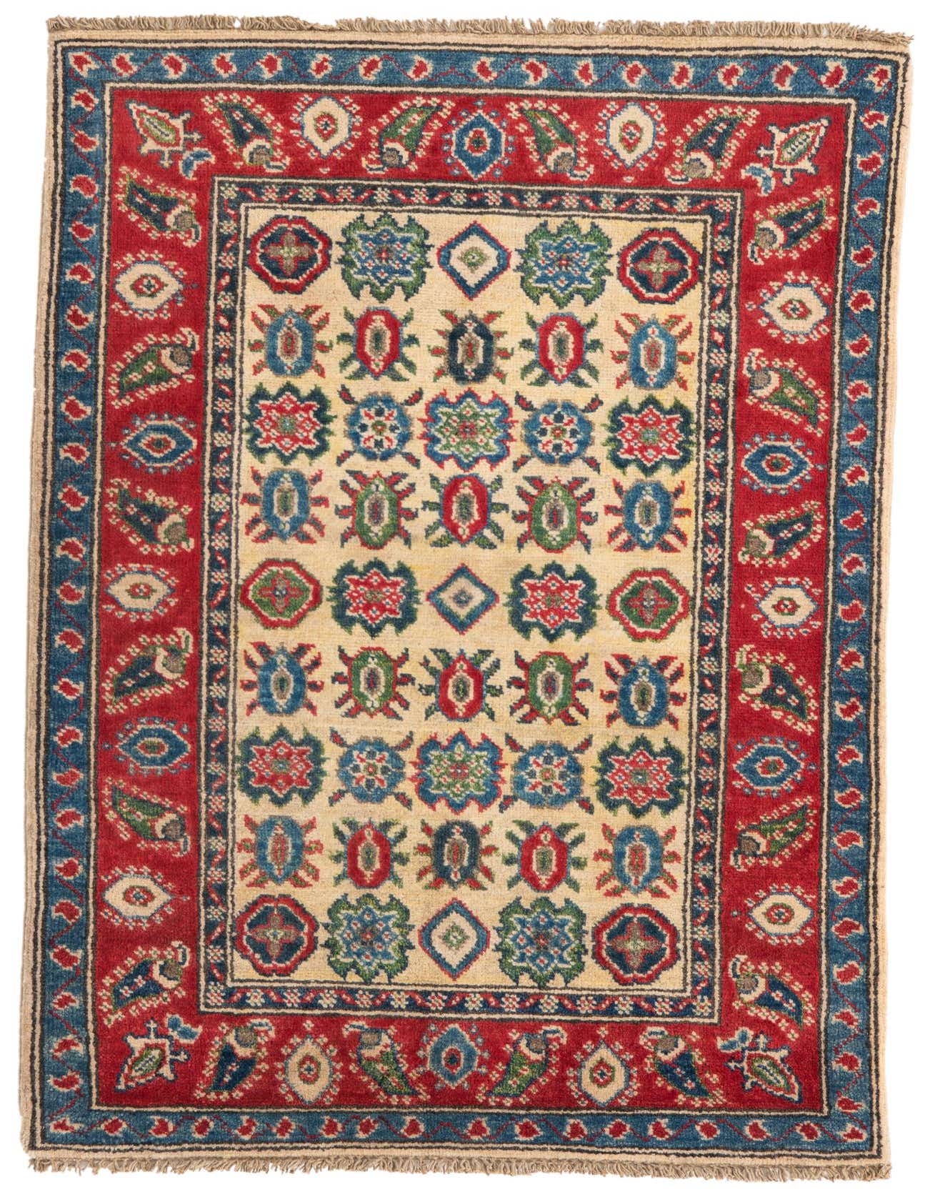 A 3x4 rectangular Rugs.com Kazak rug featuring a cream field with colorful traditional patterns and a bold red and blue border.