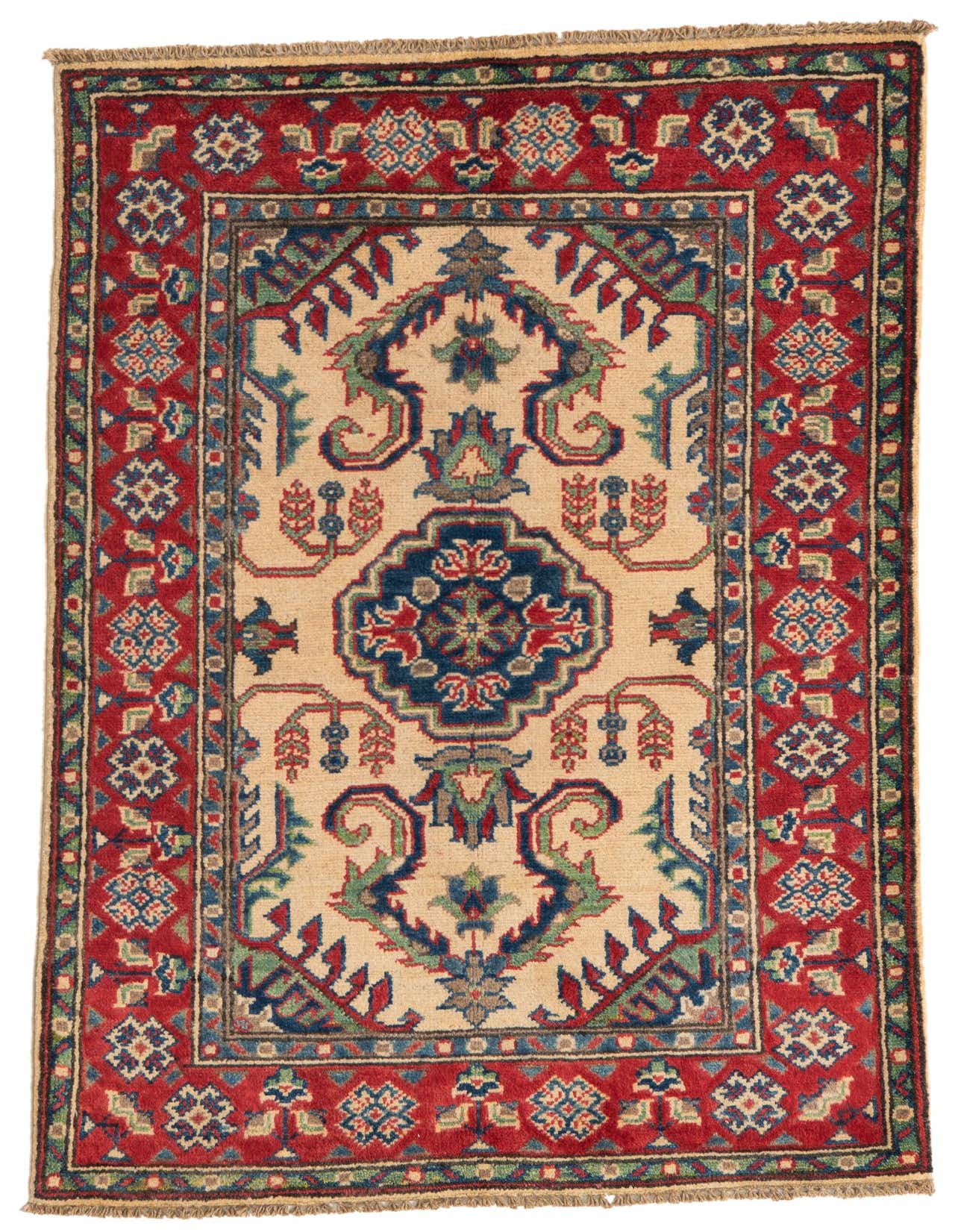 A 3x4 rectangular ivory rug with a red border and traditional Southwestern medallion pattern in blue and green.