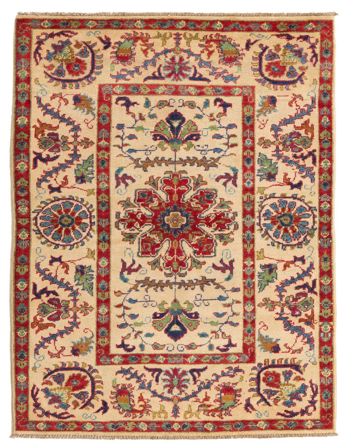 A 3x5 rectangular ivory rug with a traditional medallion pattern in red, blue, and green, suitable for an entryway.