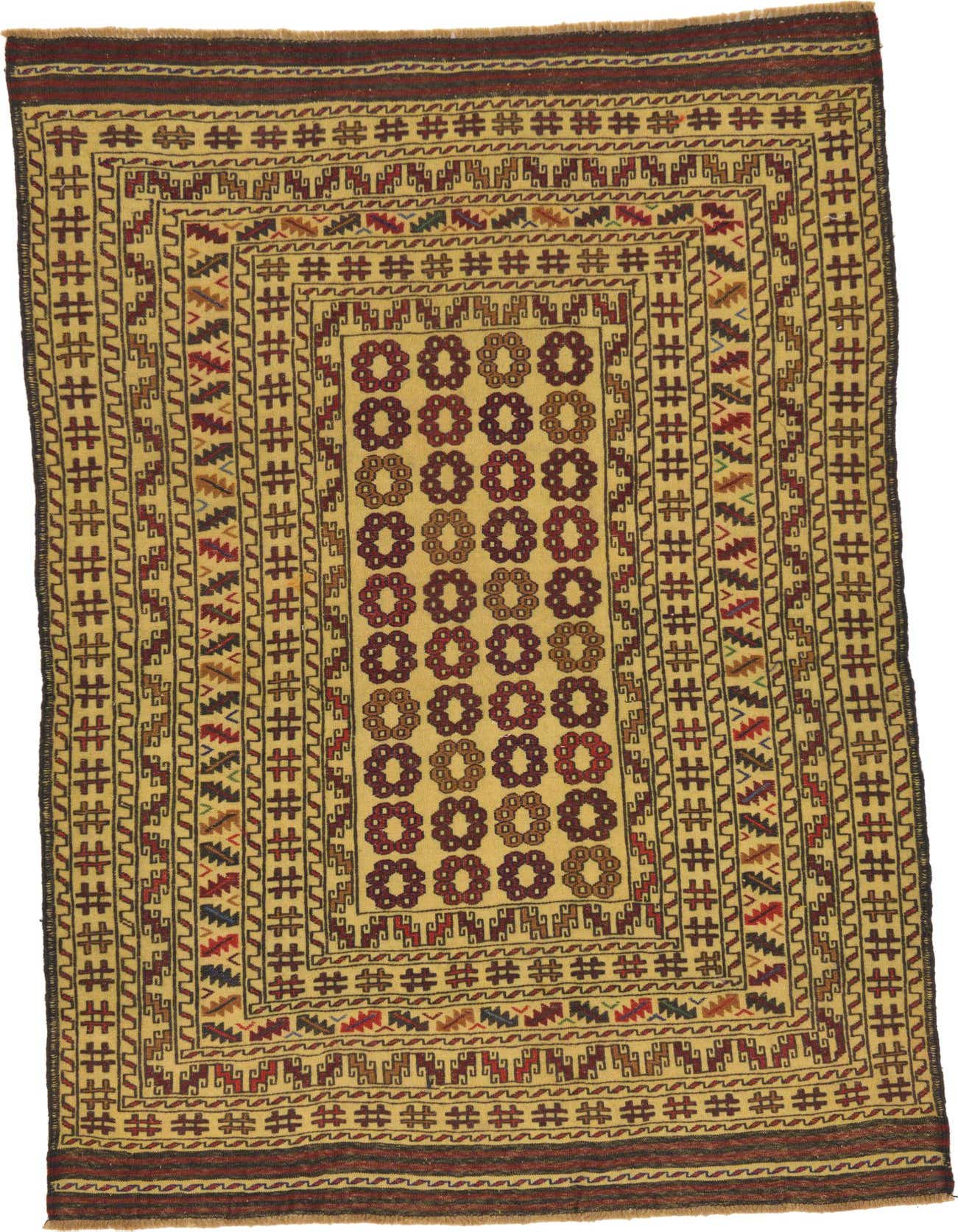 A 4x6 rectangular Kilim Afghan rug with an ivory background and tribal oriental patterns in red, brown, and black.