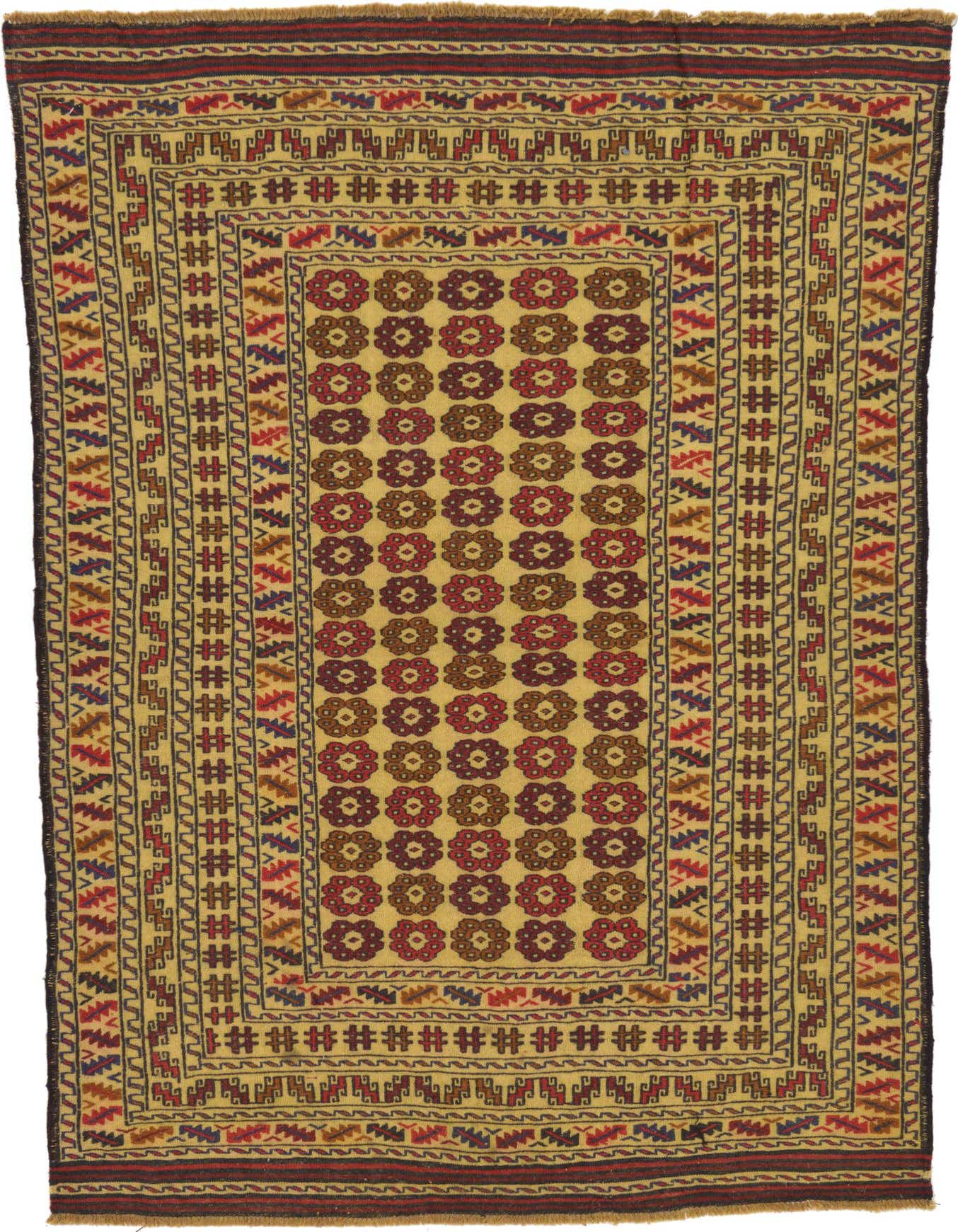 A 4x6 rectangular Kilim Afghan rug with an ivory background, featuring a tribal pattern of red, brown, and blue floral medallions and geometric borders.