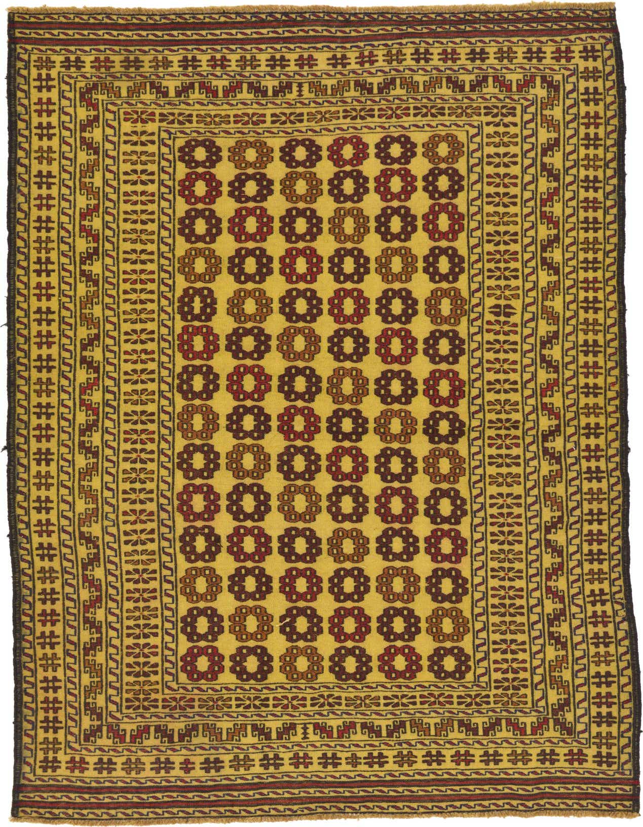 A 4x6 rectangular Kilim Afghan rug with a flatweave, featuring a cream background and tribal patterns in red and brown.