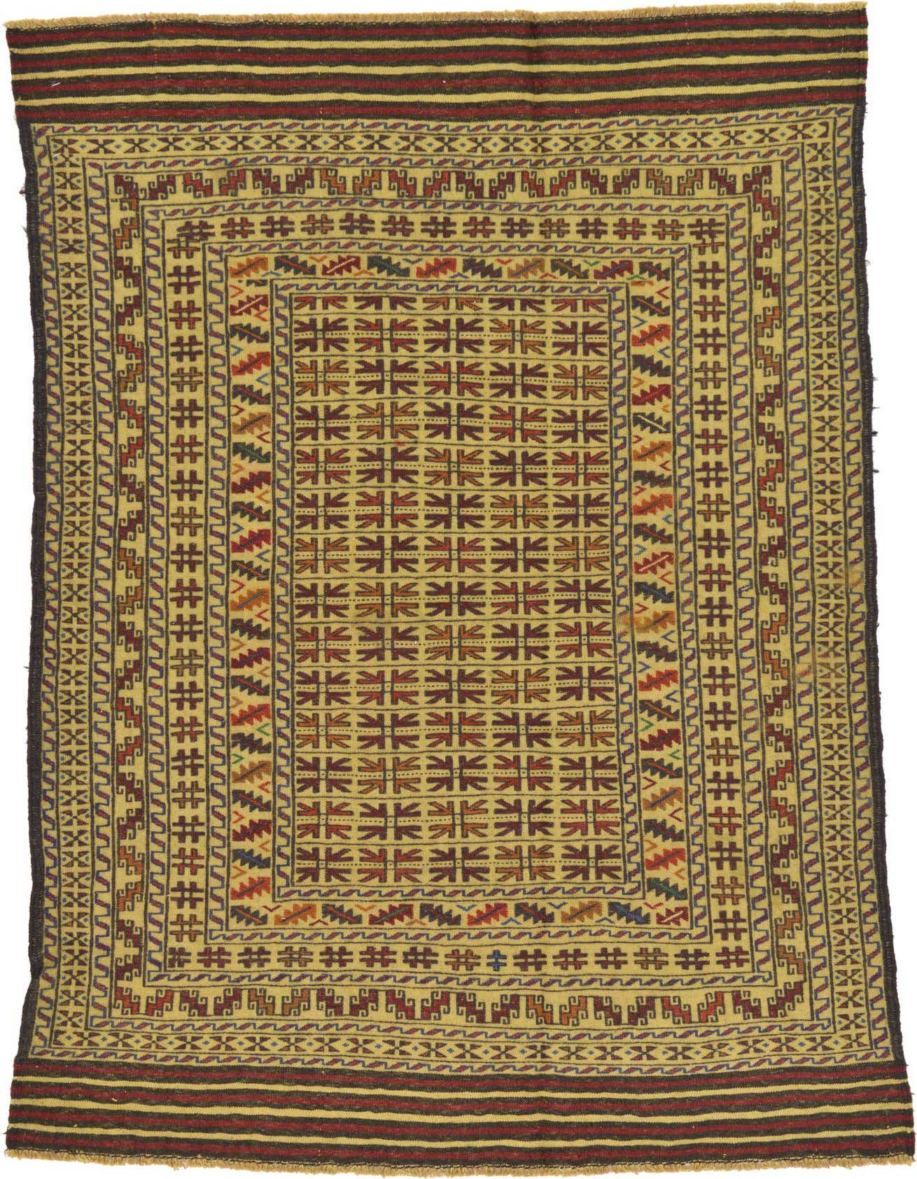 A 4x6 rectangular Kilim Afghan rug with an ivory field and intricate tribal patterns in red, blue, and brown.