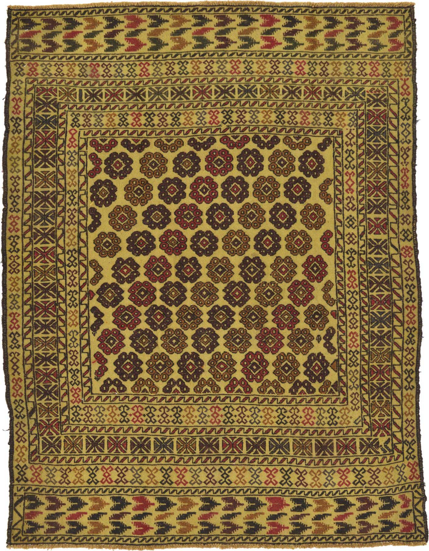 A 4x6 rectangular Kilim Afghan rug with an ivory background and tribal oriental patterns in red, brown, and black.