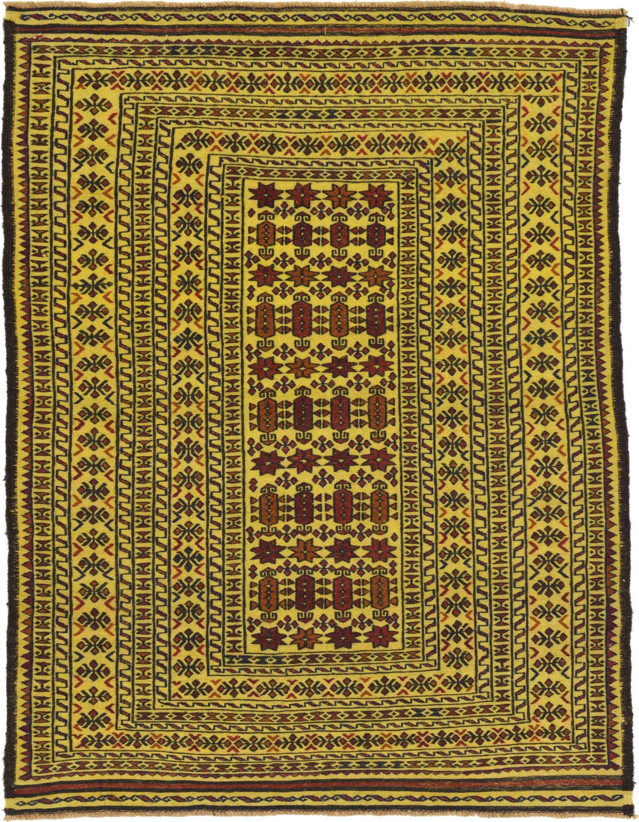 A 4x6 rectangular Kilim Afghan rug in ivory with tribal and oriental patterns in red, brown, and black.