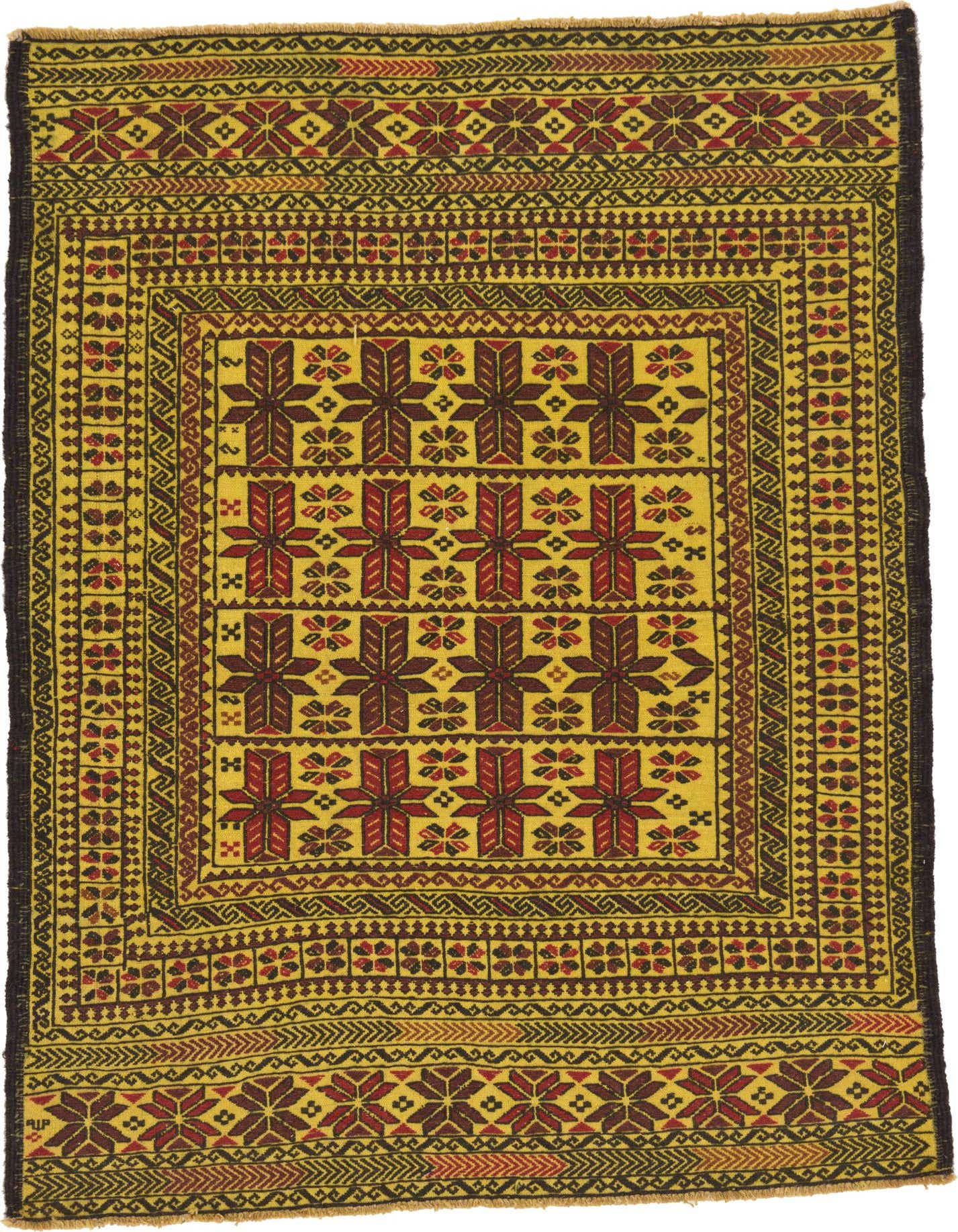 A 4x6 rectangular Kilim Afghan rug featuring a vibrant yellow field with red and brown tribal patterns, ideal for a living room.