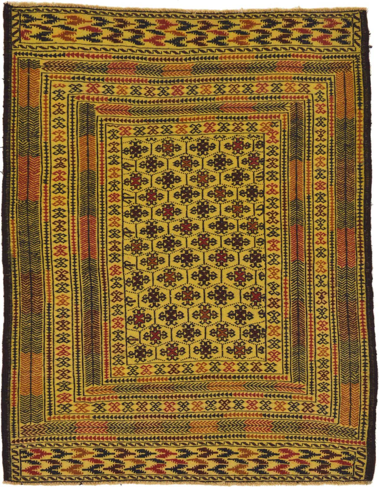 A 4x6 rectangular Kilim Afghan rug with a flatweave, featuring a tribal pattern in ivory, red, and brown tones.