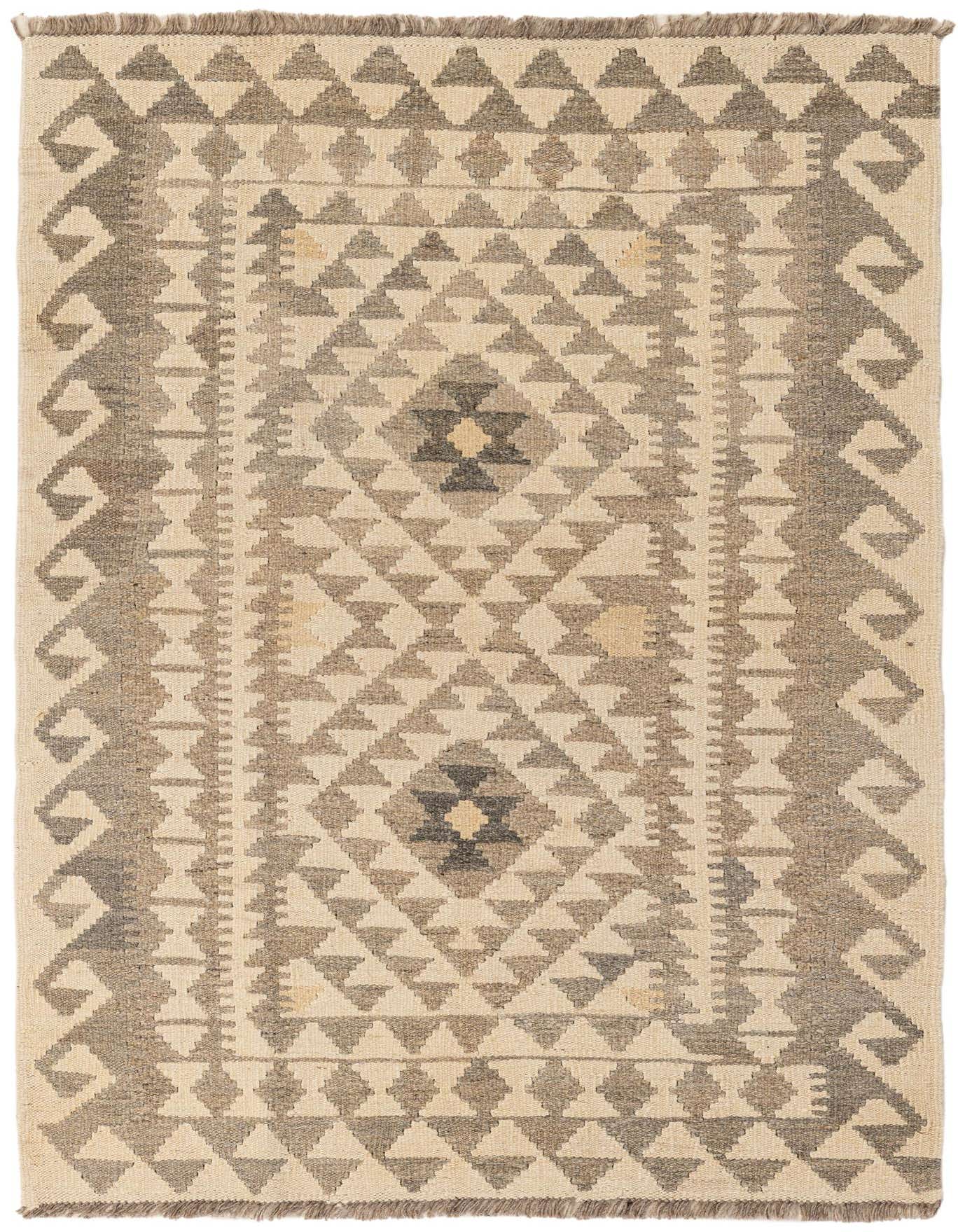 A 3x5 rectangular Kilim Maymana rug with a tribal geometric pattern in ivories and creams, featuring a flatweave texture.