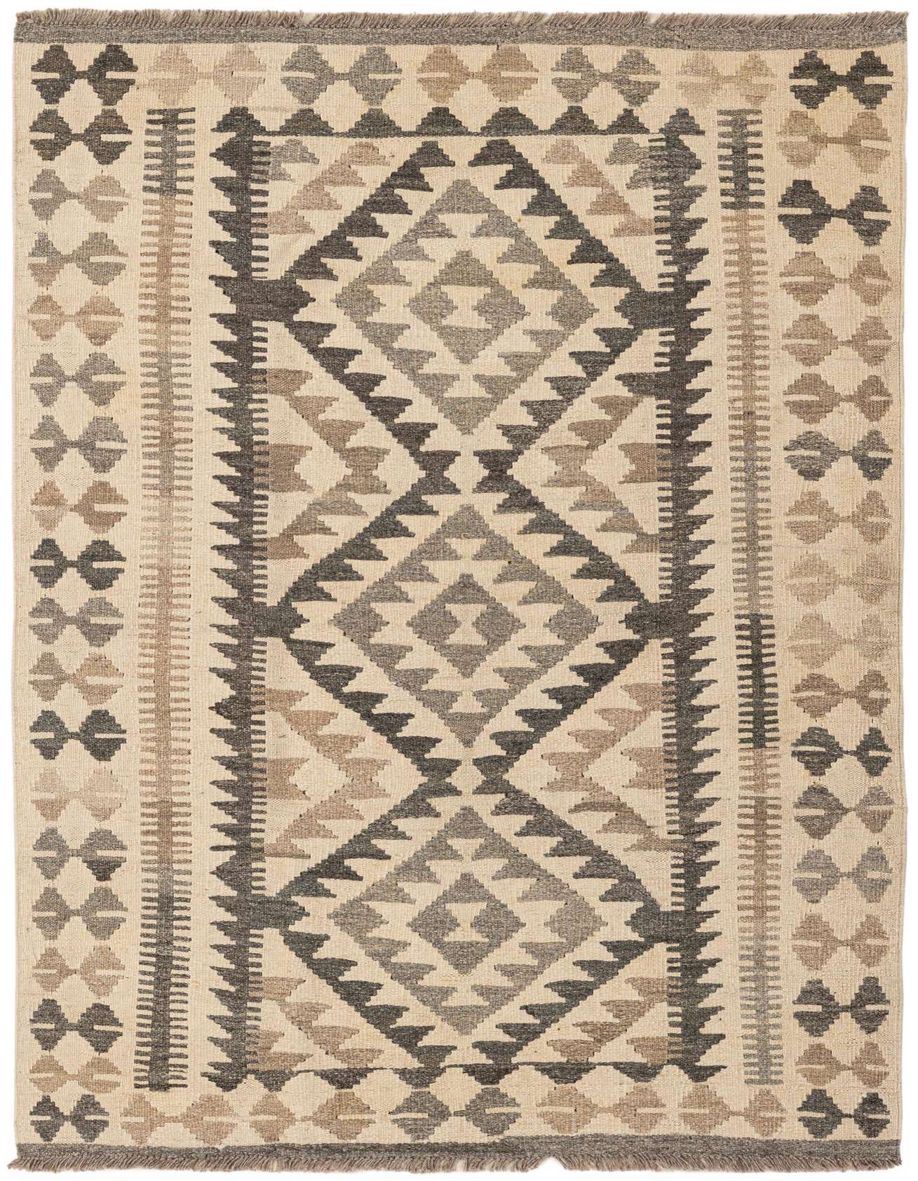 A 3x5 rectangular Kilim Maymana rug with a tribal geometric pattern in ivory, cream, and shades of gray and brown.