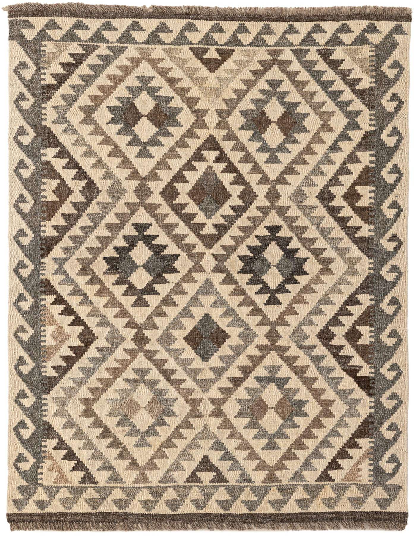 A 3x5 rectangular Kilim Maymana rug featuring tribal geometric patterns in shades of ivory, cream, and brown.