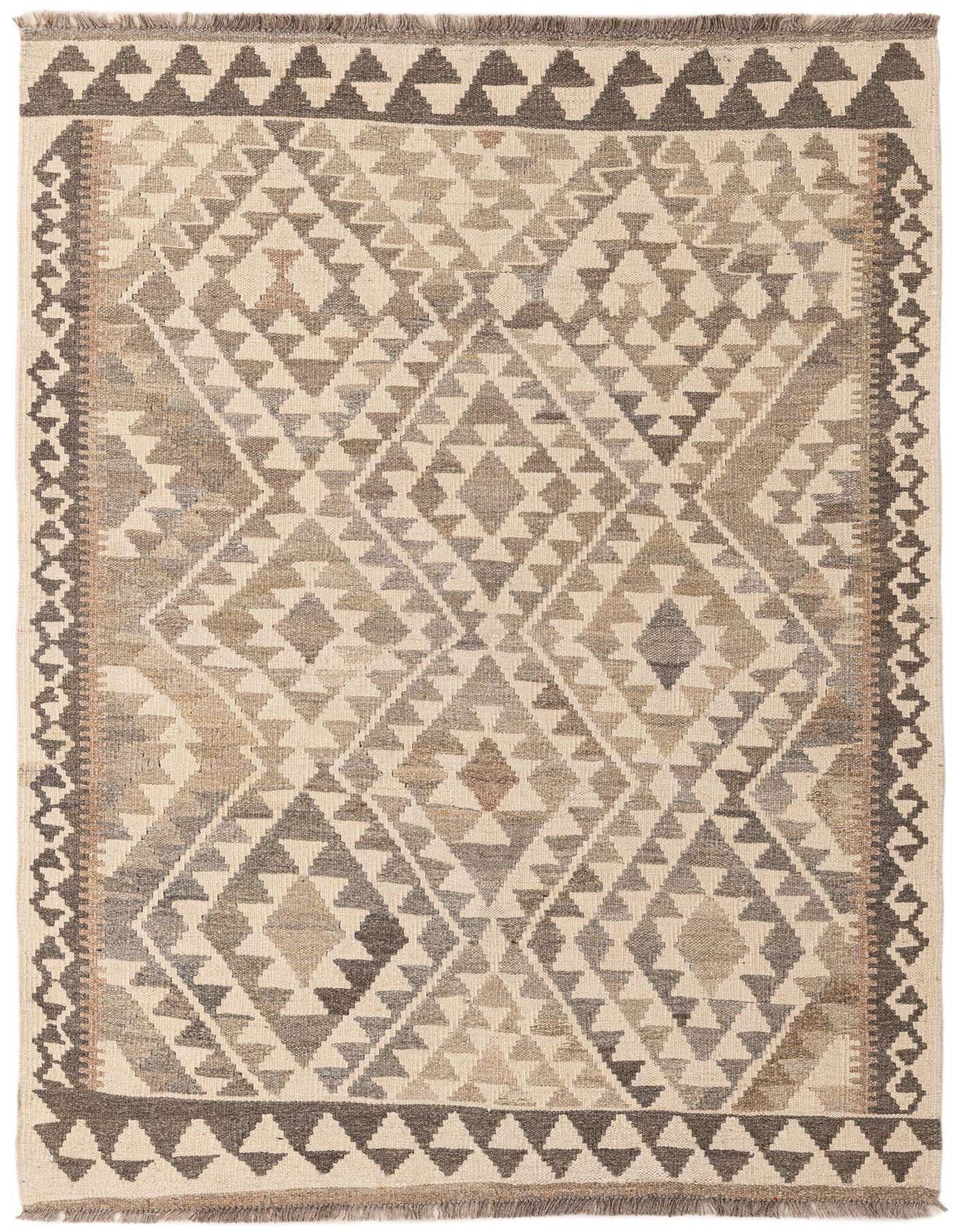 A 4x6 rectangular Kilim Maymana tribal wool rug in shades of ivory, cream, and brown with a geometric diamond pattern.