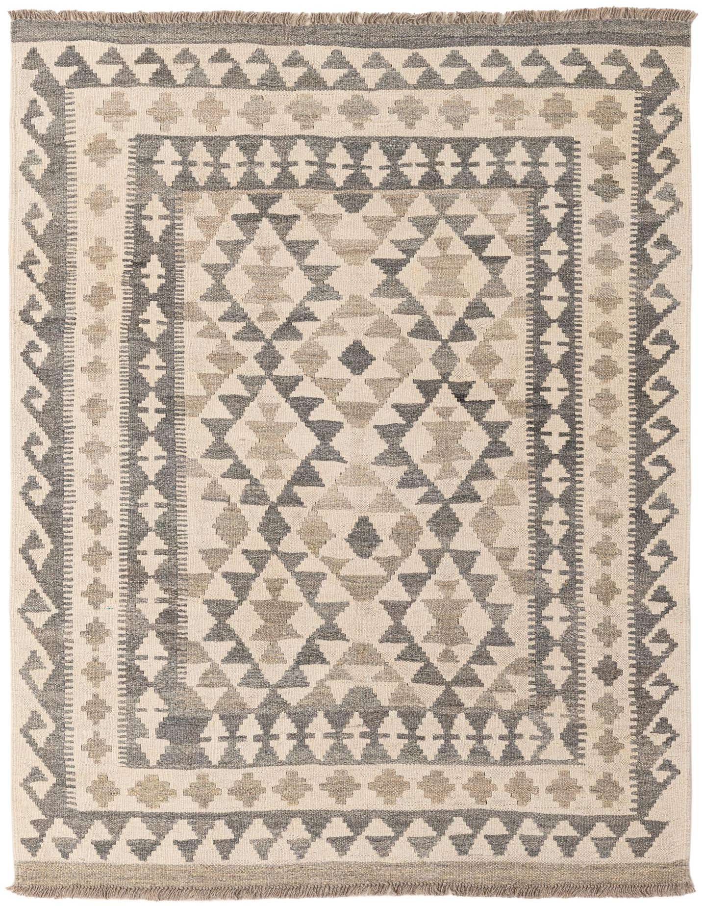 A 3x5 rectangular Kilim Maymana rug featuring tribal geometric patterns in shades of ivory, cream, and gray.