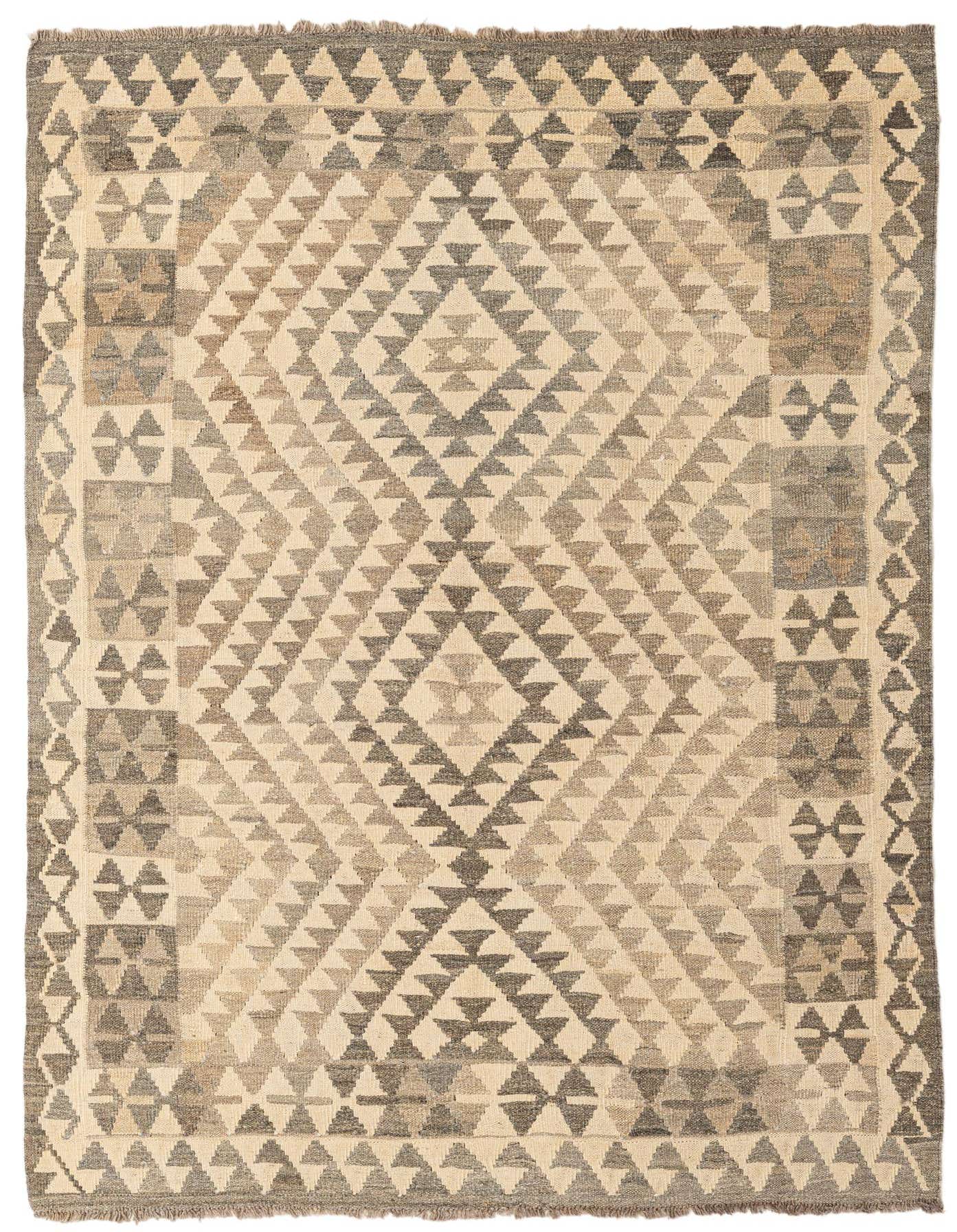 A 4x6 rectangular Kilim Maymana rug featuring a tribal geometric diamond pattern in shades of ivory, cream, and gray.