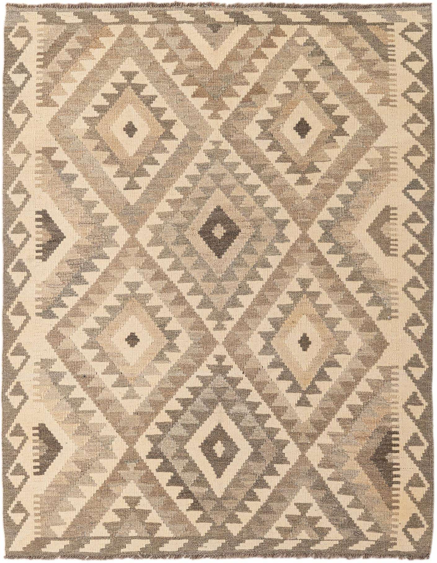 A 4x6 rectangular Kilim Maymana rug featuring a tribal geometric pattern in shades of ivory, cream, and gray.