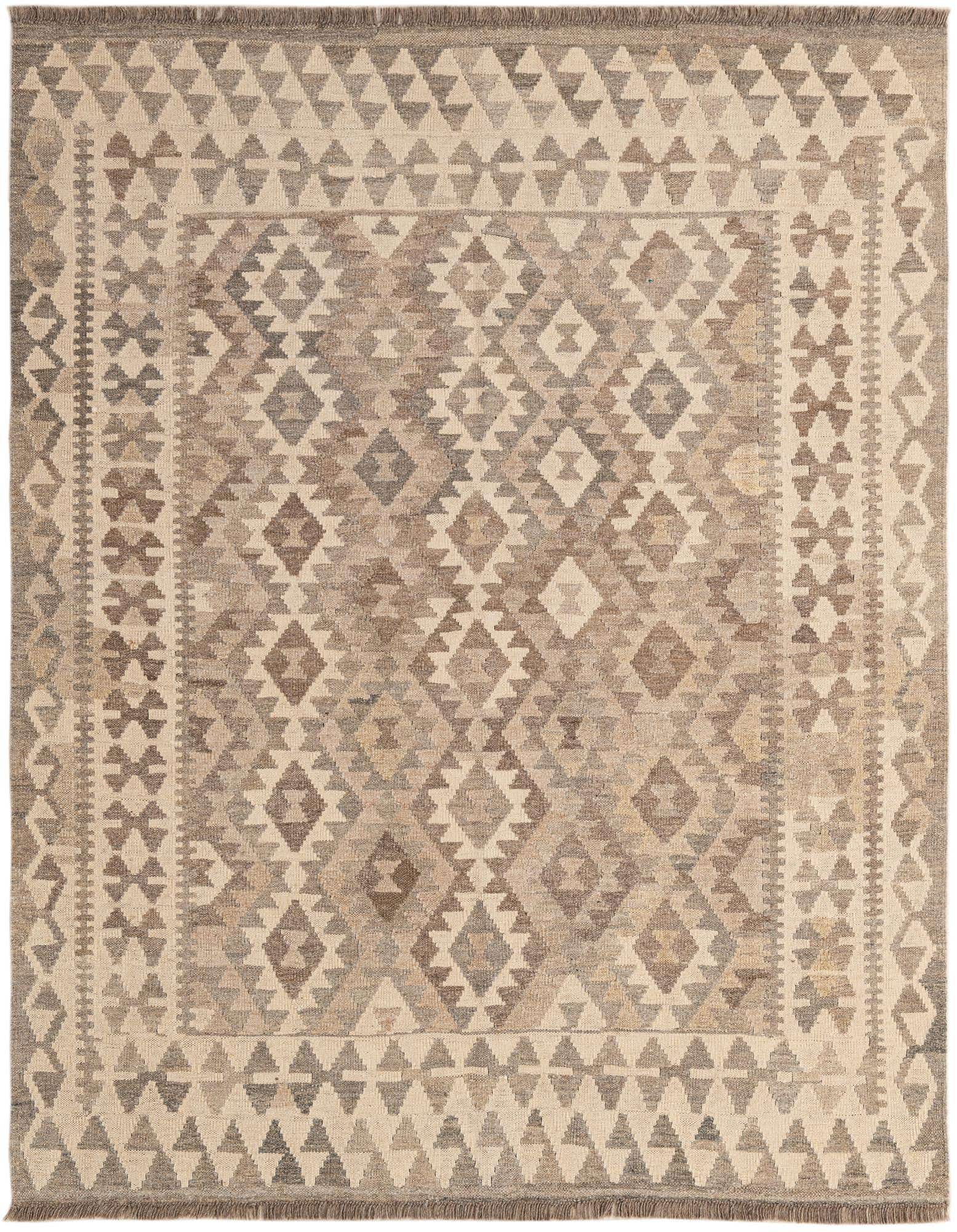 A 5x7 rectangular Kilim Maymana wool rug in ivories and creams with a tribal geometric diamond pattern.
