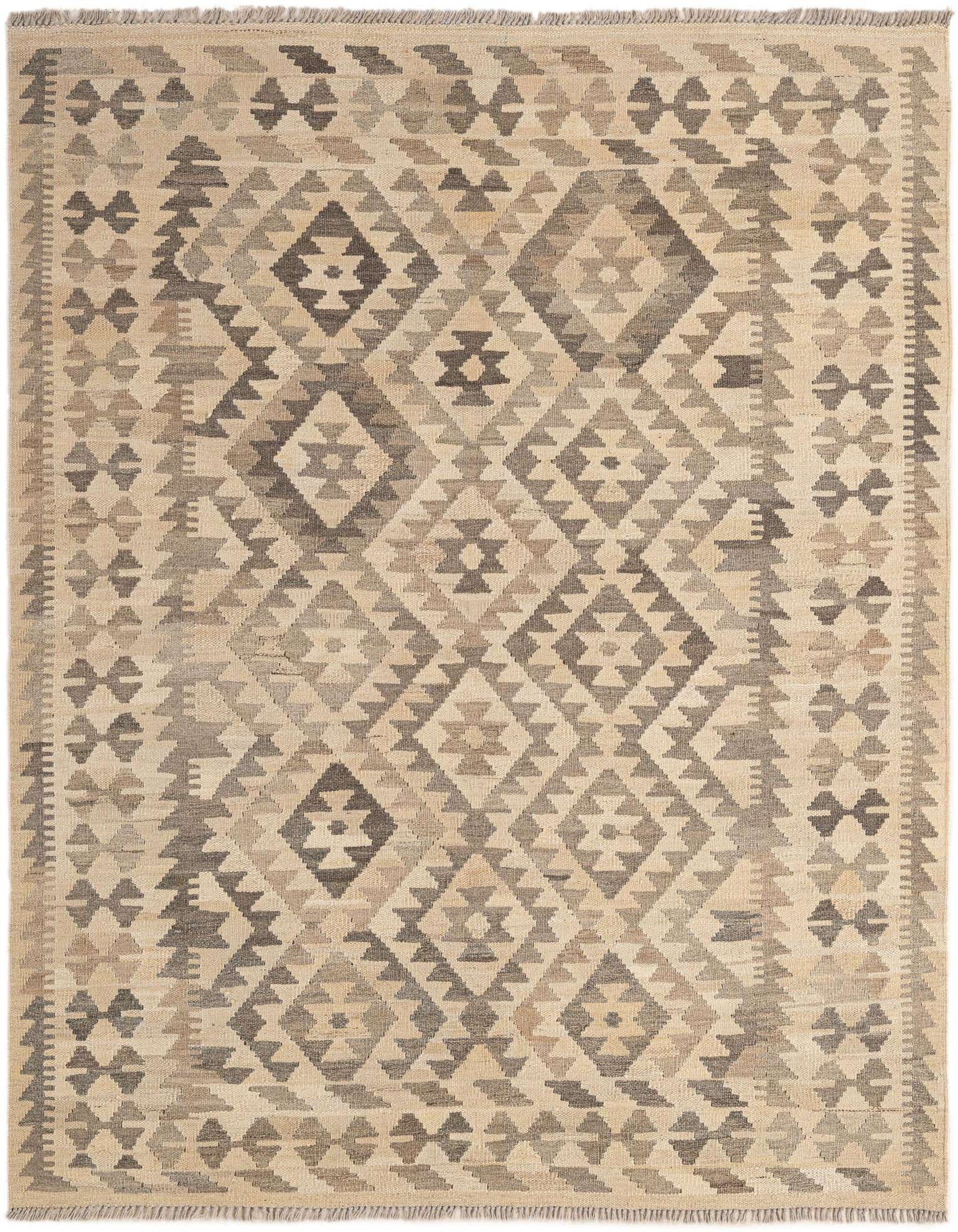 A 5x7 rectangular ivory and cream flatweave rug with a tribal geometric pattern, handmade from wool.