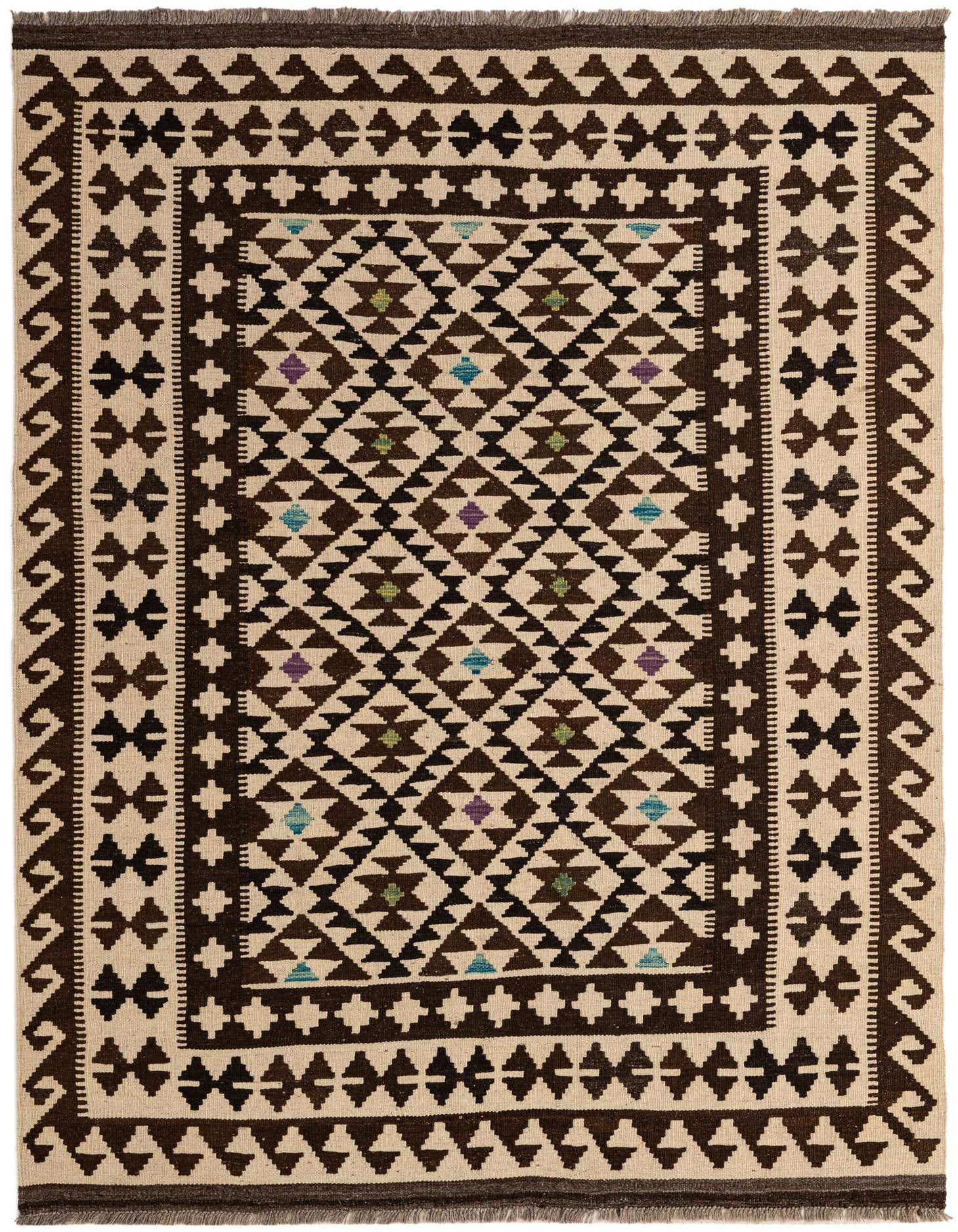 A 5x7 rectangular Kilim Maymana rug featuring a tribal geometric pattern in ivory, cream, and dark brown with subtle colorful accents.