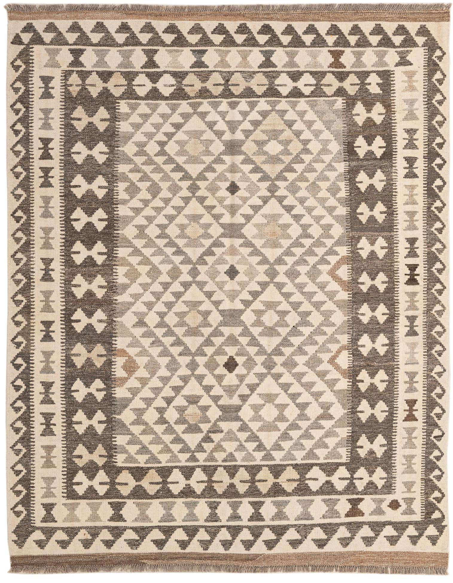 A 5x7 rectangular Kilim Maymana rug featuring a tribal geometric pattern in shades of ivory, cream, and brown.