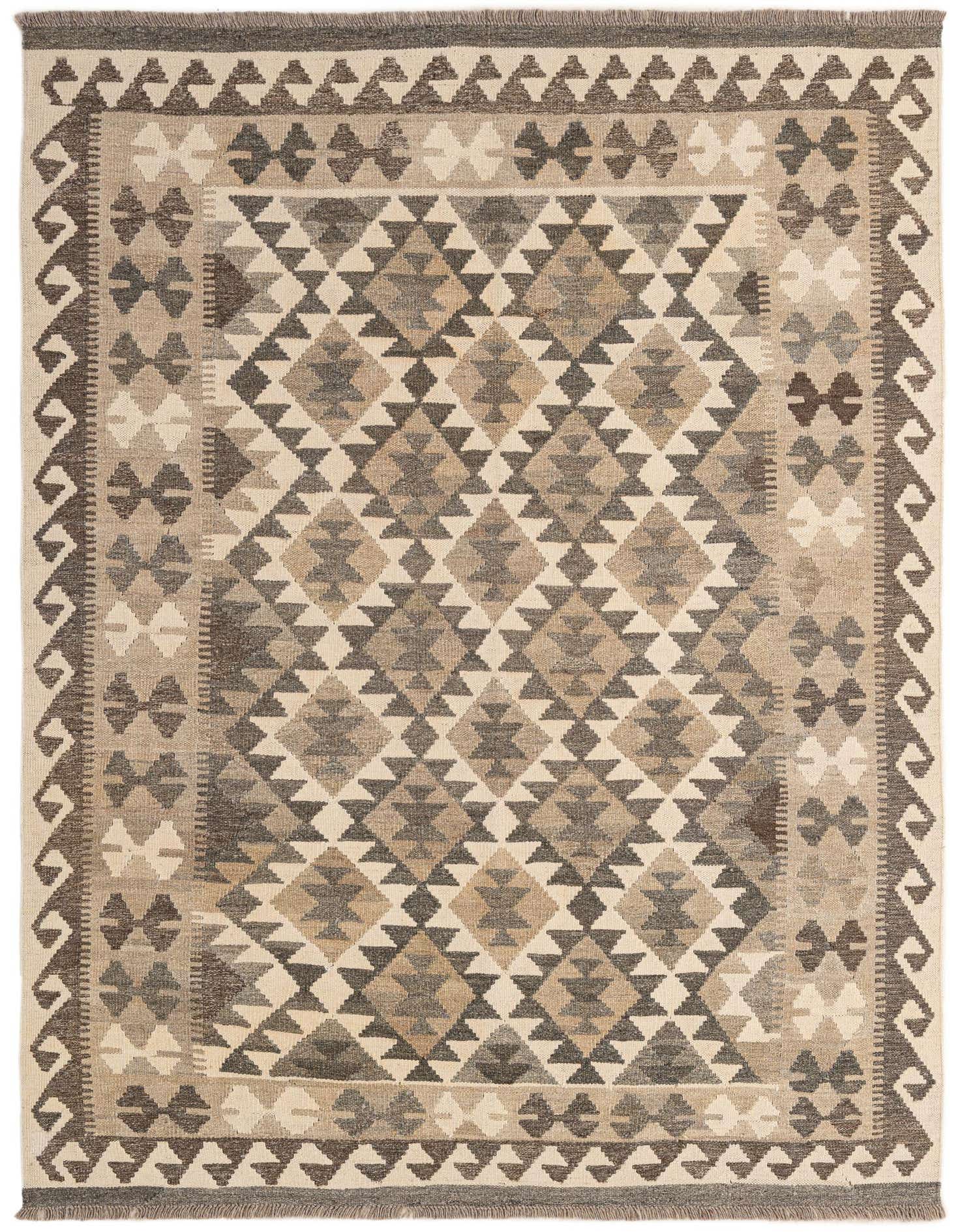 A 5x7 rectangular Kilim Maymana wool rug featuring a tribal geometric pattern in ivory, cream, and various shades of brown and gray.