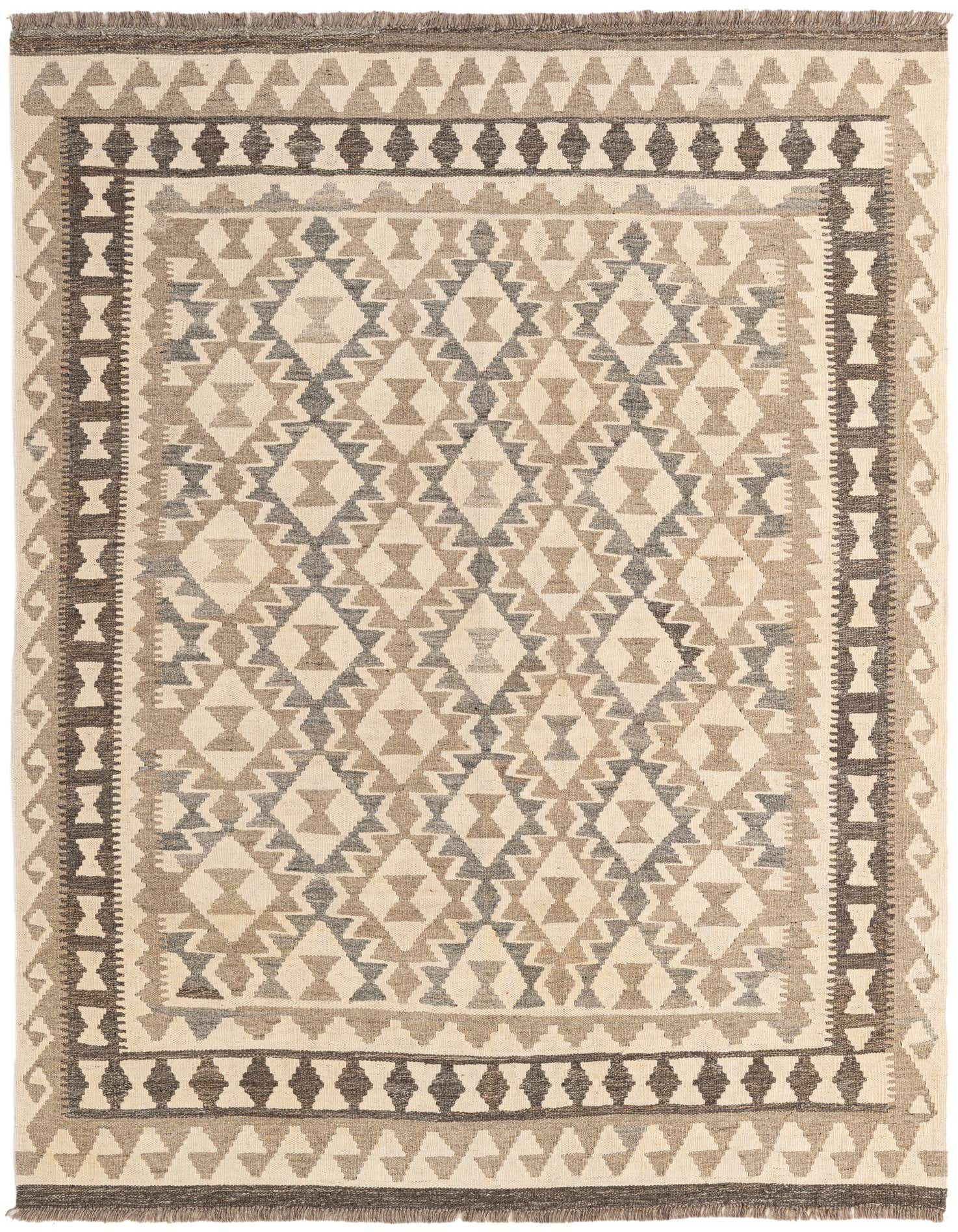 A 5x7 rectangular Kilim Maymana rug featuring a tribal geometric pattern in ivory, cream, and various shades of brown and gray.