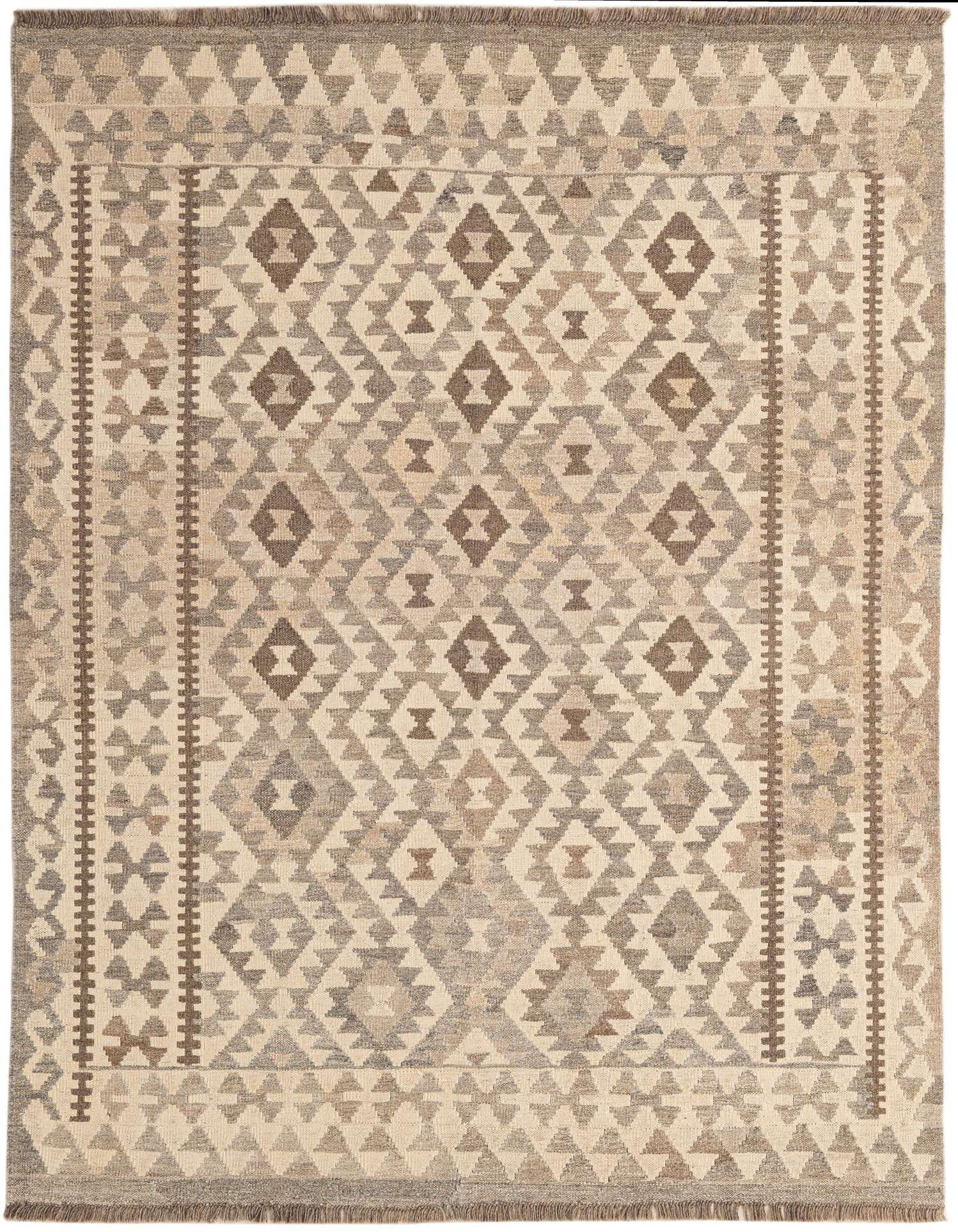 A 4x6 rectangular Kilim Maymana rug featuring a tribal geometric pattern in shades of ivory, cream, and brown.