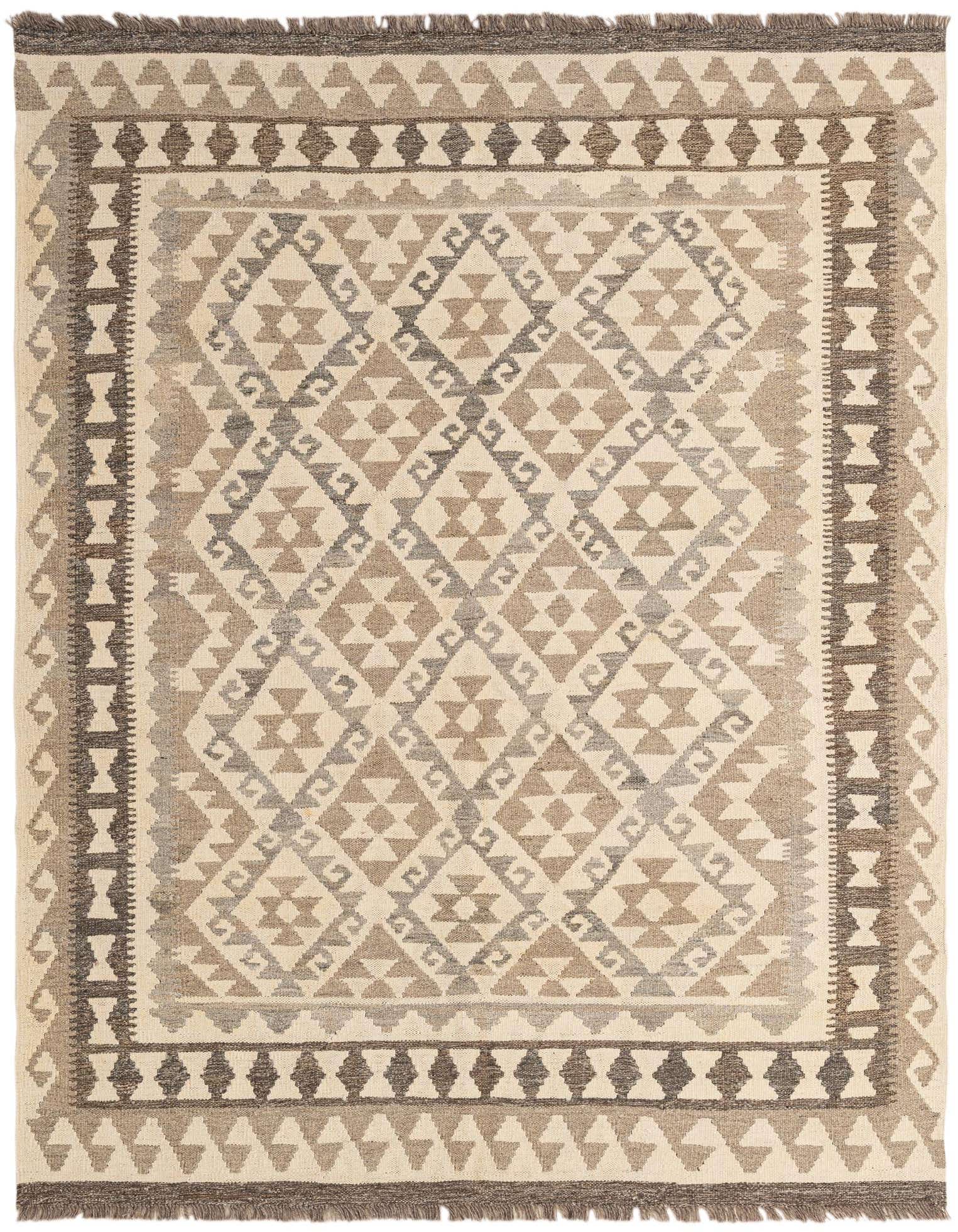 A 5x7 rectangular Kilim Maymana rug featuring a tribal geometric pattern in ivory, cream, and warm brown tones.