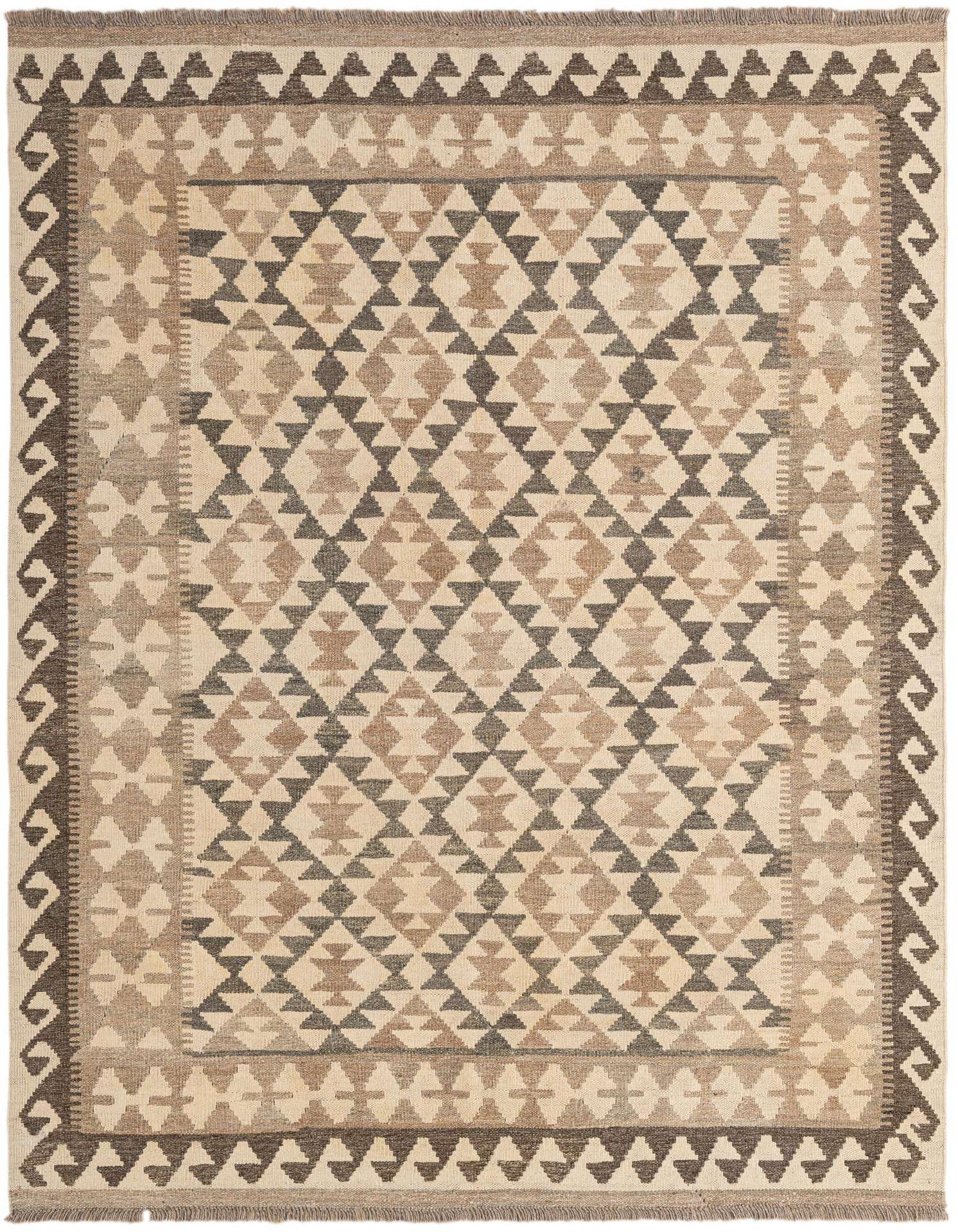 A 5x7 rectangular Kilim Maymana rug with a tribal geometric pattern in ivory, cream, and brown tones, handmade from wool.