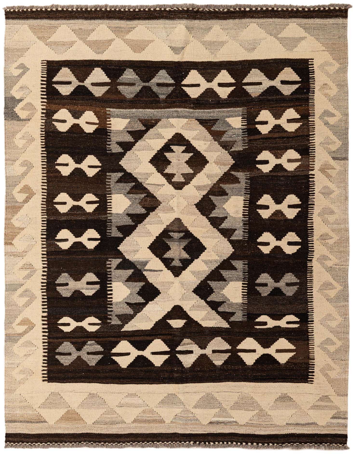 A 5x7 rectangular Kilim Maymana rug featuring a tribal geometric pattern in ivory, cream, and dark brown tones.