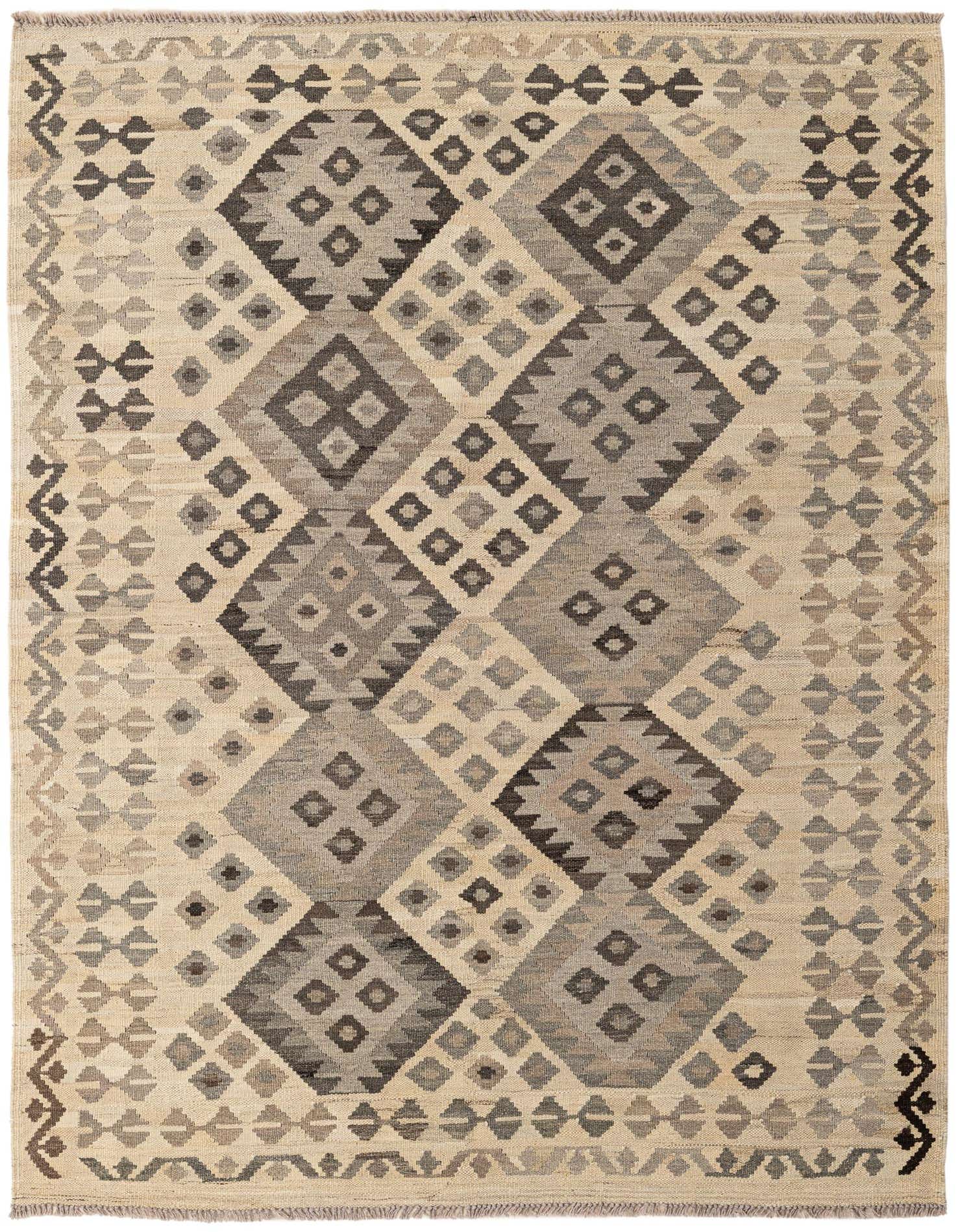 A 5x7 rectangular Kilim Maymana rug featuring a tribal geometric pattern in shades of ivory, cream, and gray.