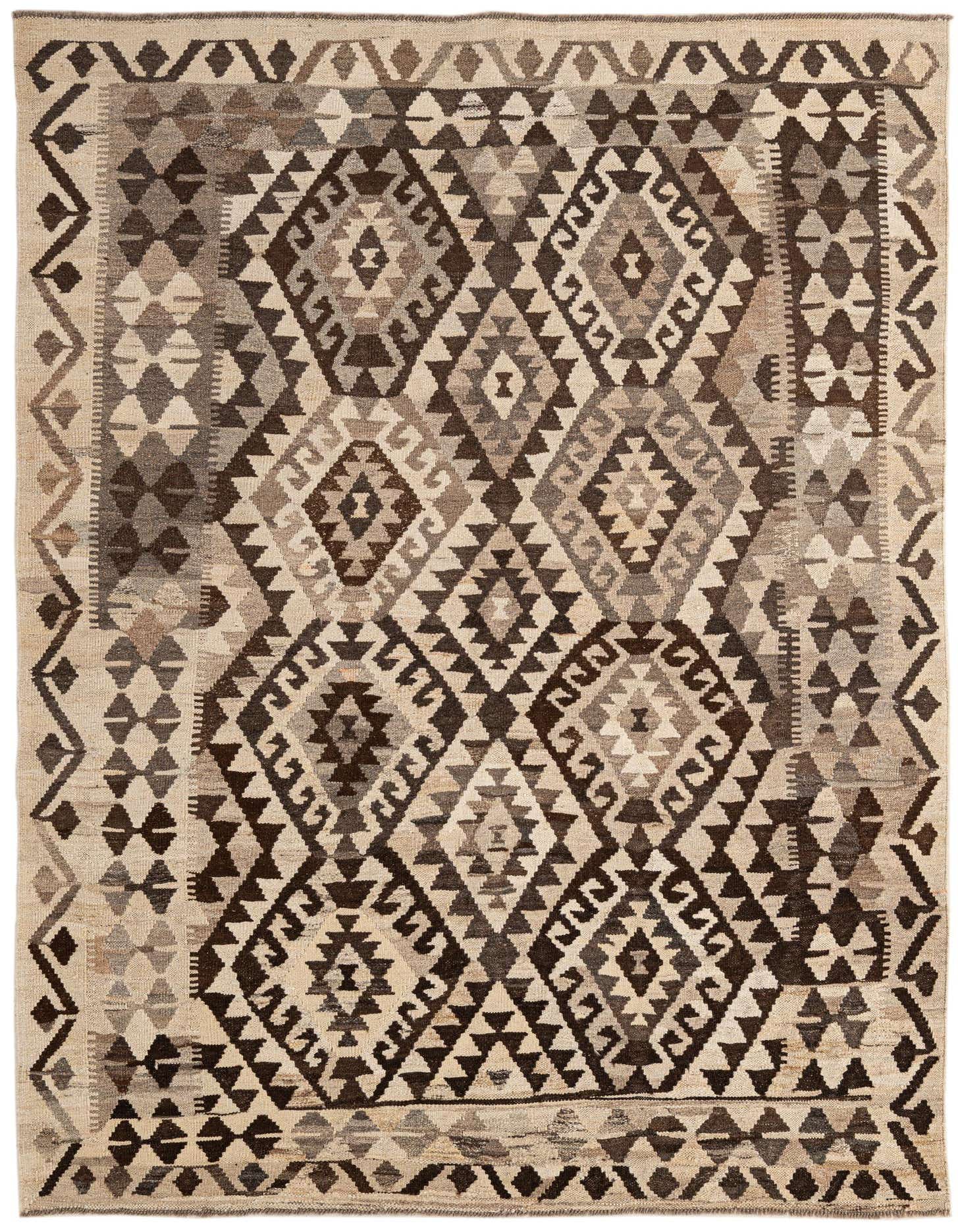 A 5x7 rectangular Kilim Maymana rug with a tribal geometric pattern in shades of ivory, cream, and dark brown.
