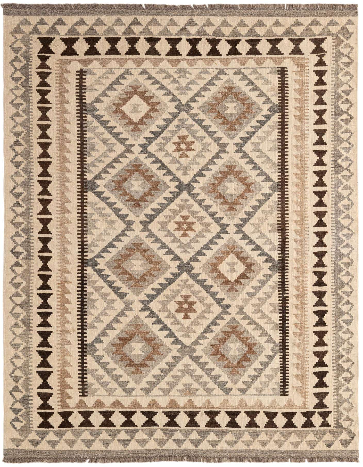 A rectangular 5x7 Kilim Maymana rug featuring a tribal geometric pattern in ivory, cream, brown, and gray tones.