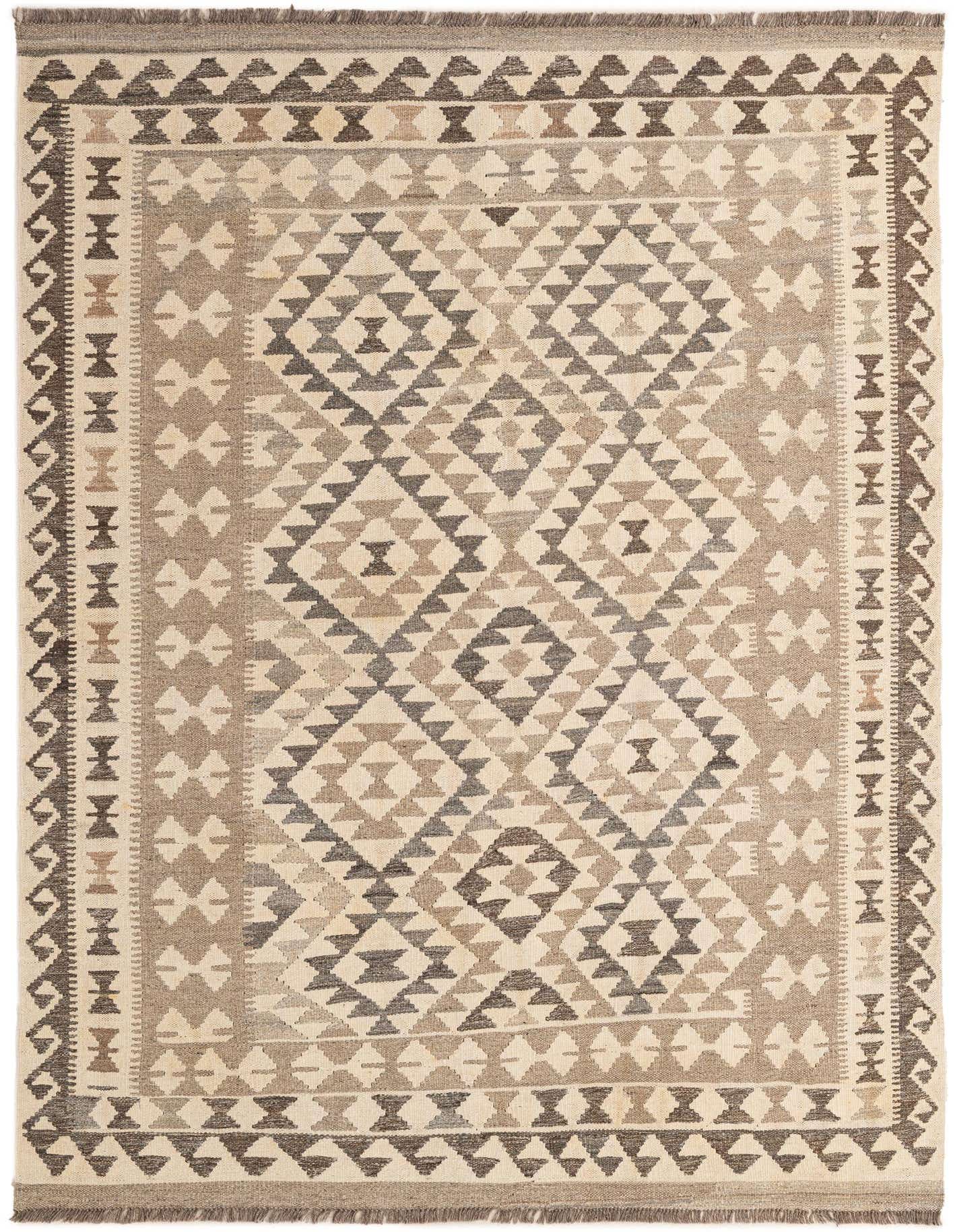 A 5x7 rectangular Kilim Maymana rug with a tribal geometric pattern in shades of ivory, cream, and brown.
