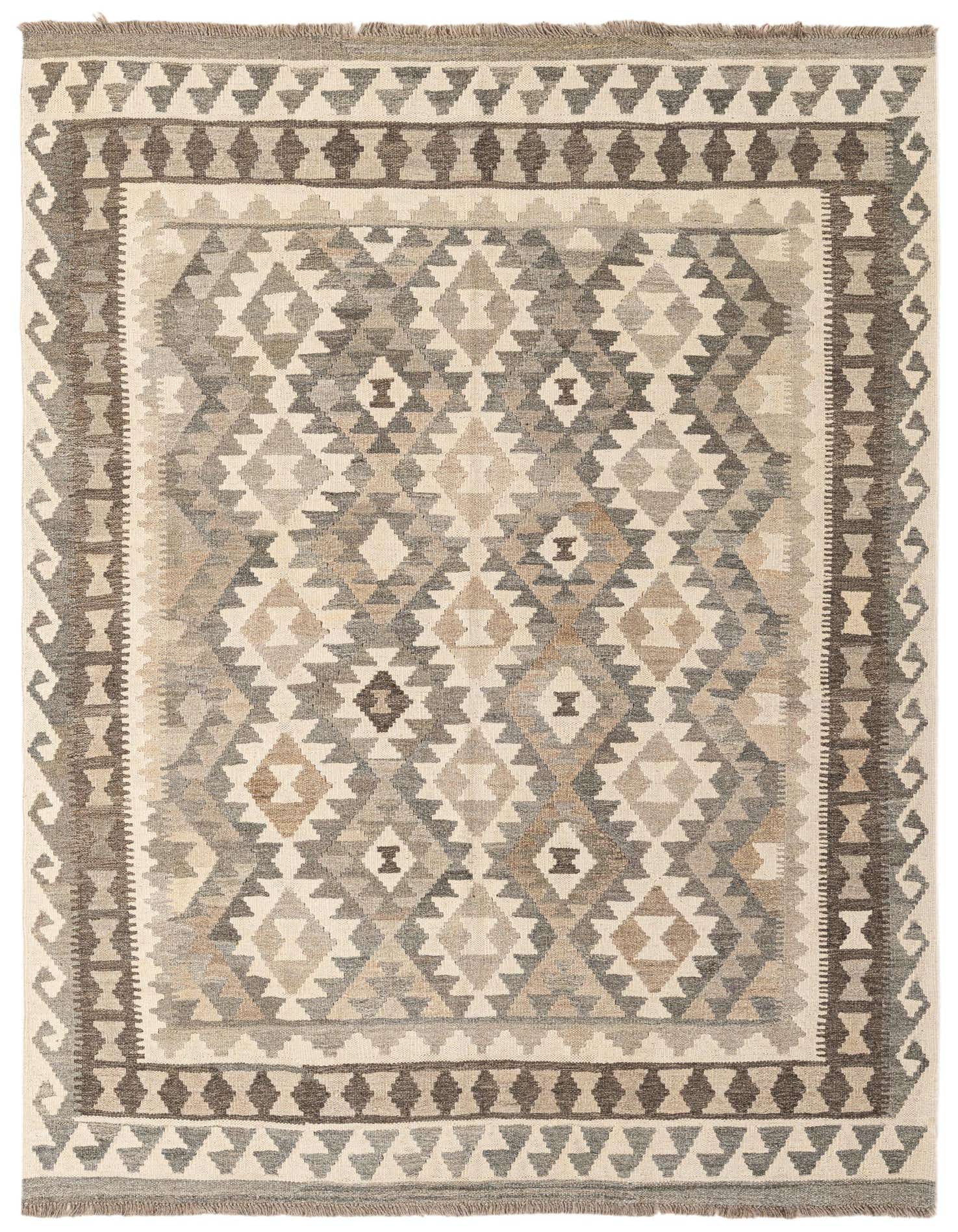 A rectangular 5x7 Kilim Maymana rug featuring a tribal geometric pattern in shades of ivory, cream, and gray, with a flatweave texture.