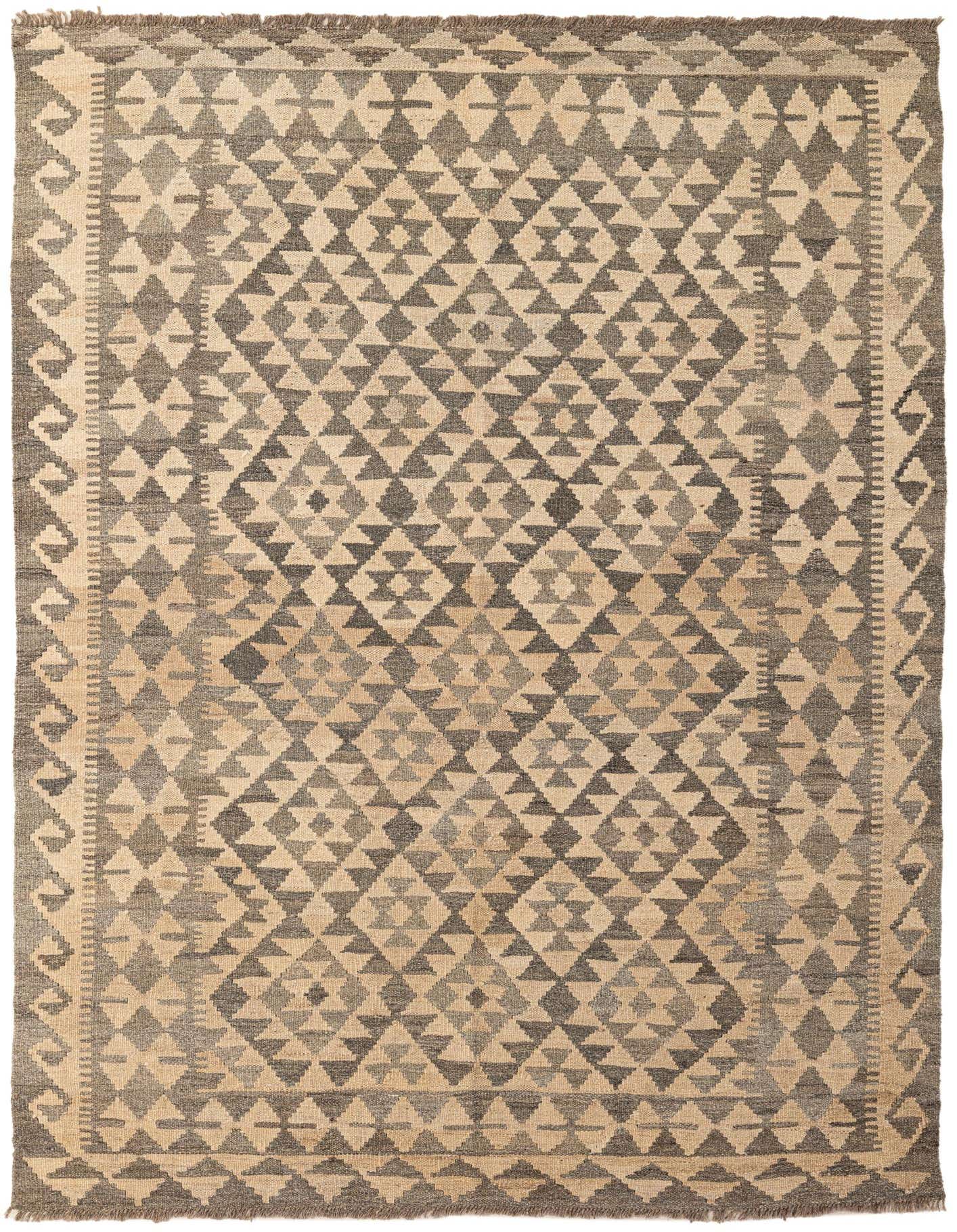 A 5x7 rectangular Kilim Maymana wool rug with a tribal geometric pattern in ivory and dark gray.