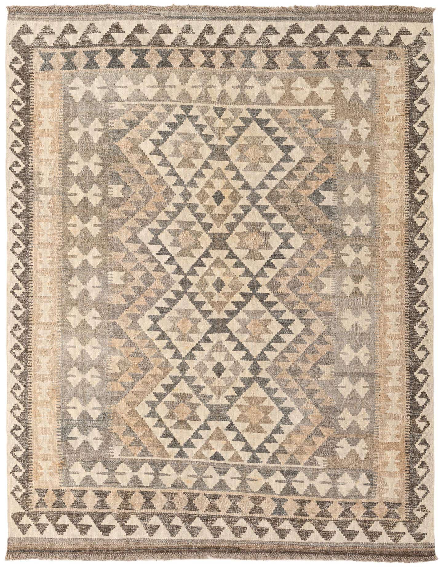 A 5x7 rectangular Kilim Maymana flatweave rug featuring a tribal geometric pattern in shades of ivory, cream, and brown.