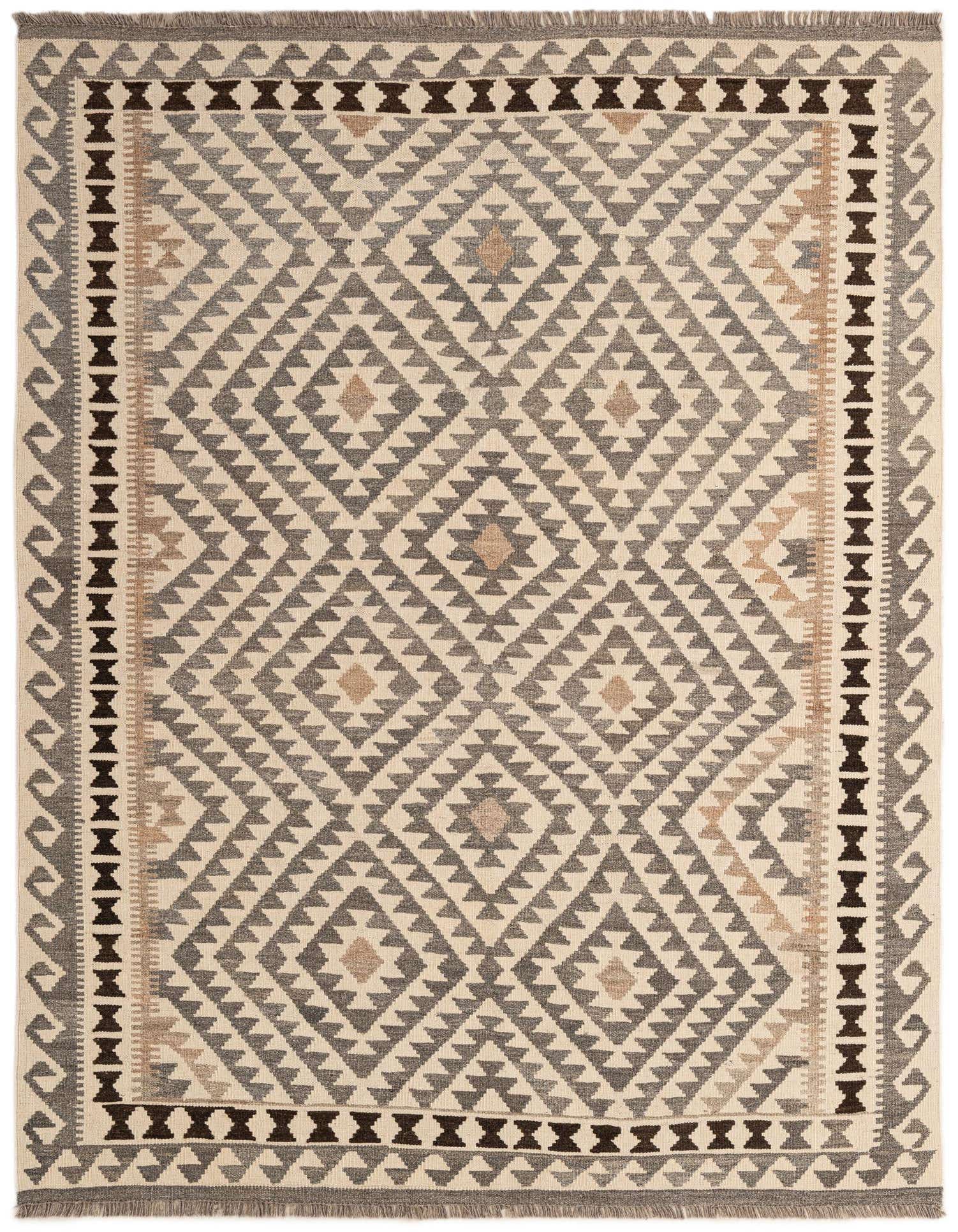 A 5x7 rectangular Kilim Maymana rug featuring a tribal geometric pattern in ivory, cream, and gray tones.