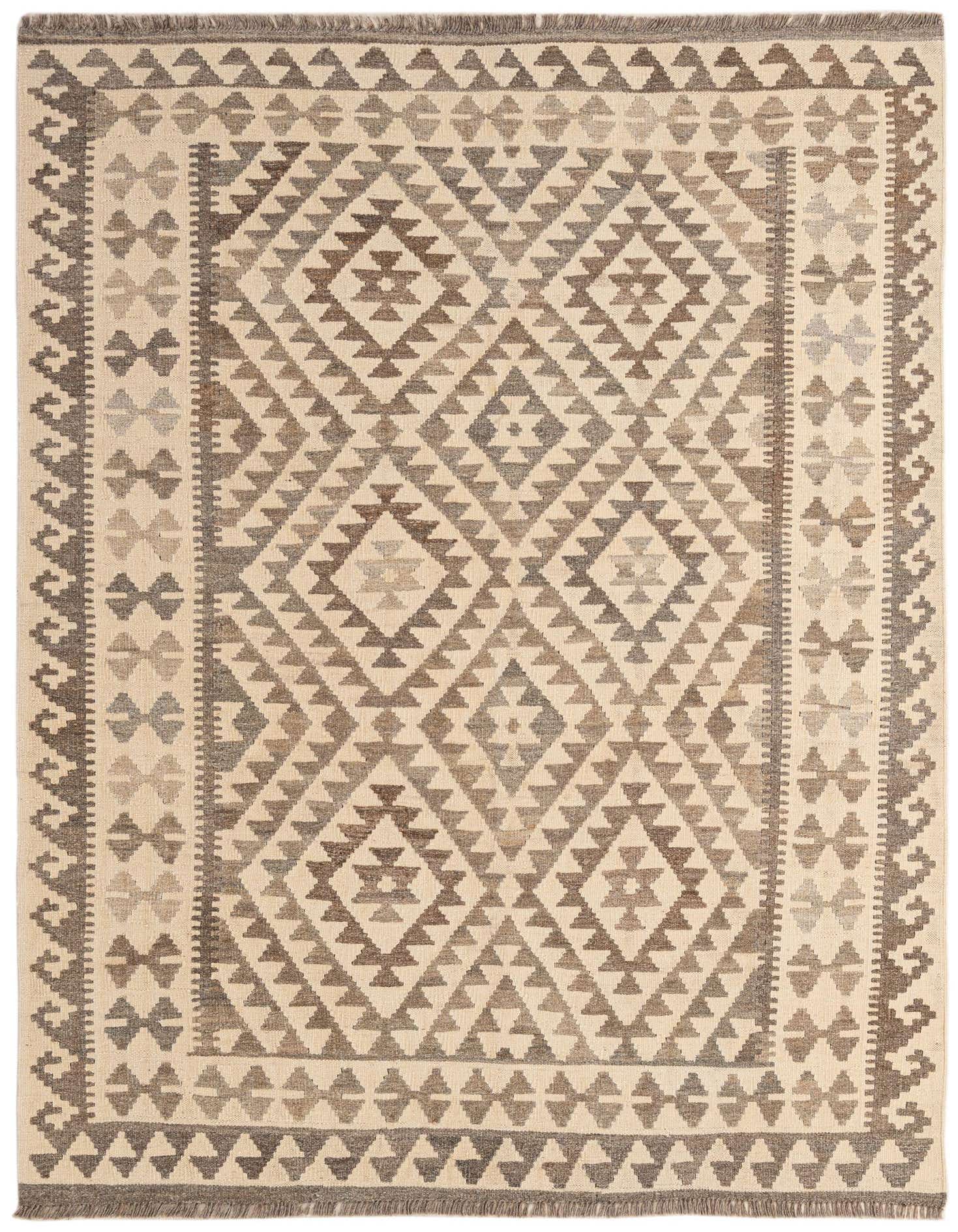 A 5x7 rectangular Kilim Maymana rug featuring a tribal geometric pattern in ivory and shades of brown, with a flatweave texture.