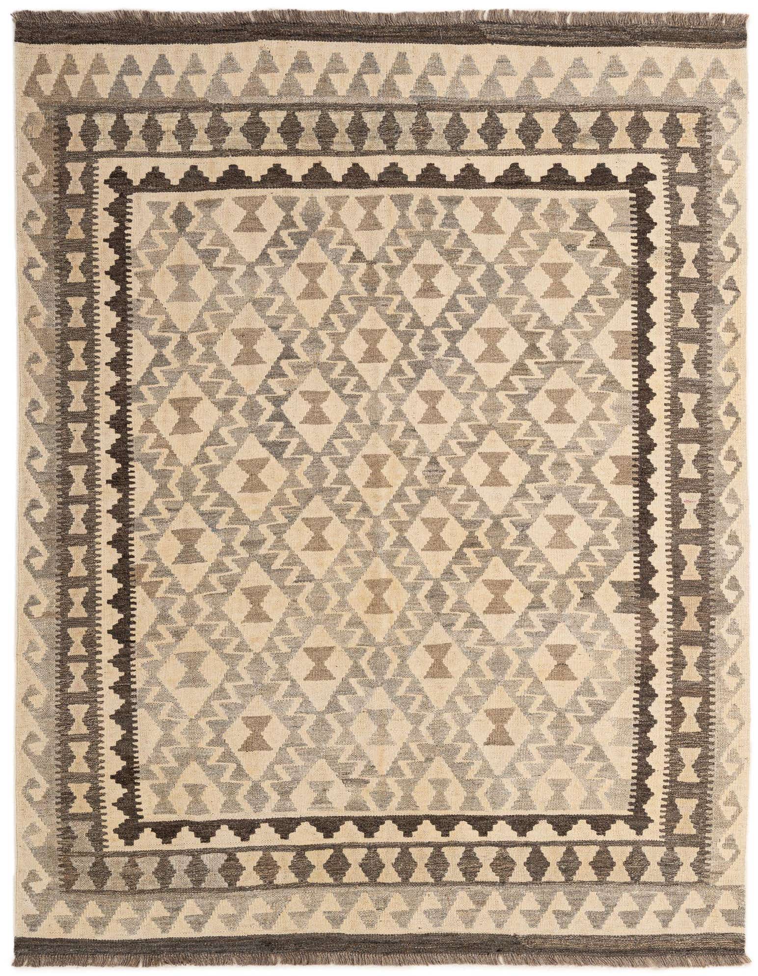 A 5x7 rectangular Kilim Maymana rug with a tribal geometric pattern in ivory, cream, and brown tones.