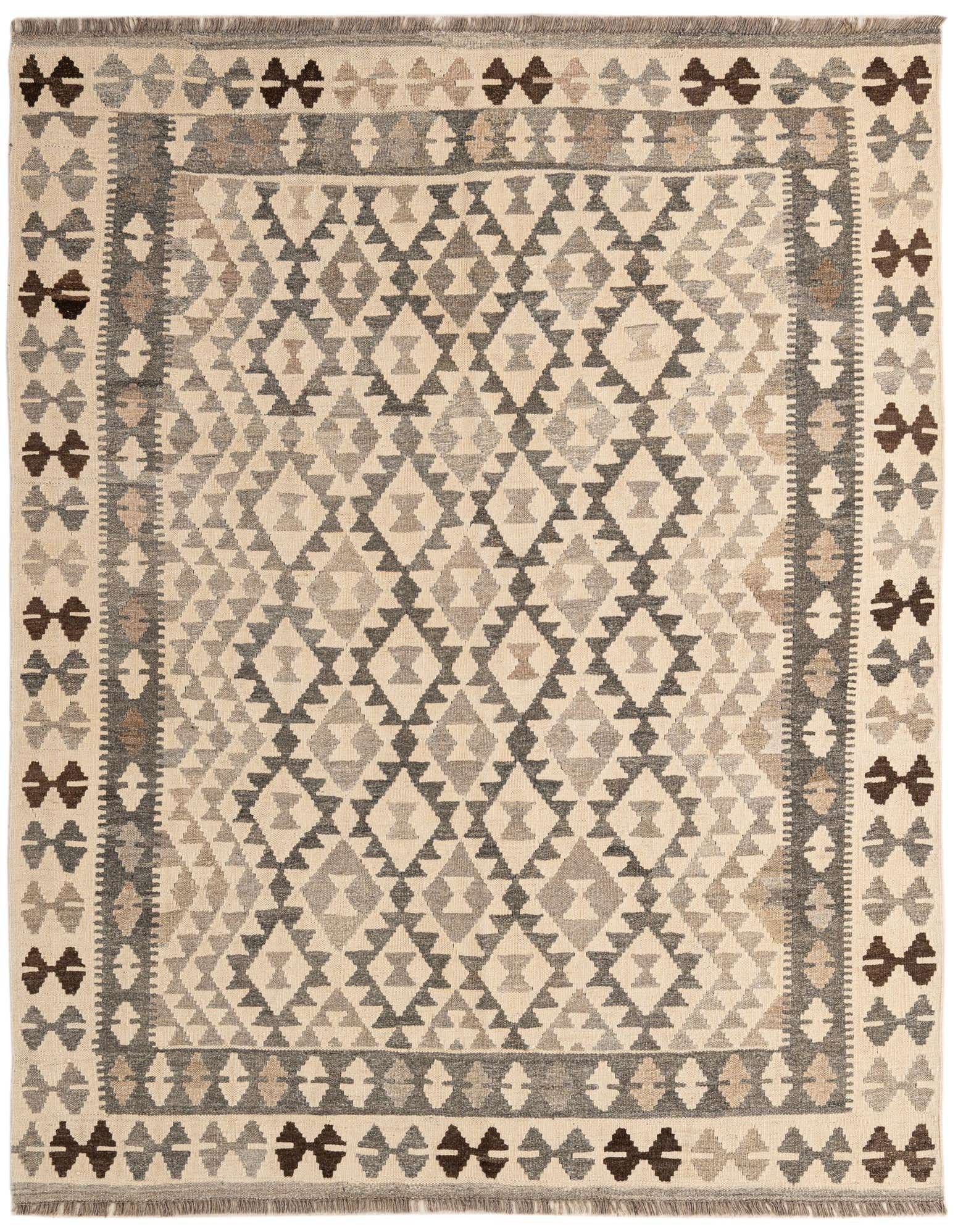 A 5x7 rectangular Kilim Maymana rug featuring a tribal geometric pattern in shades of ivory, cream, and gray.