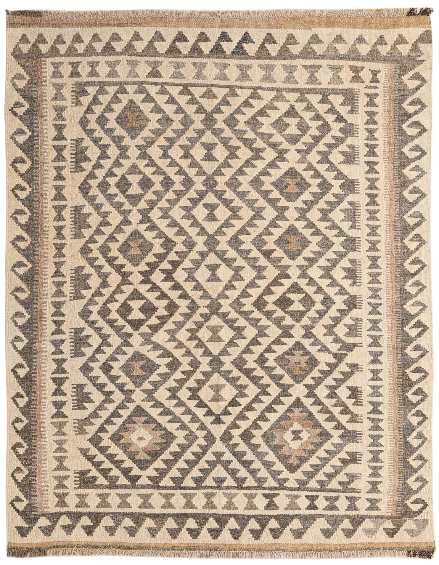 A 5x7 rectangular Kilim Maymana rug featuring a tribal geometric pattern in ivory and charcoal gray, with subtle brown accents.