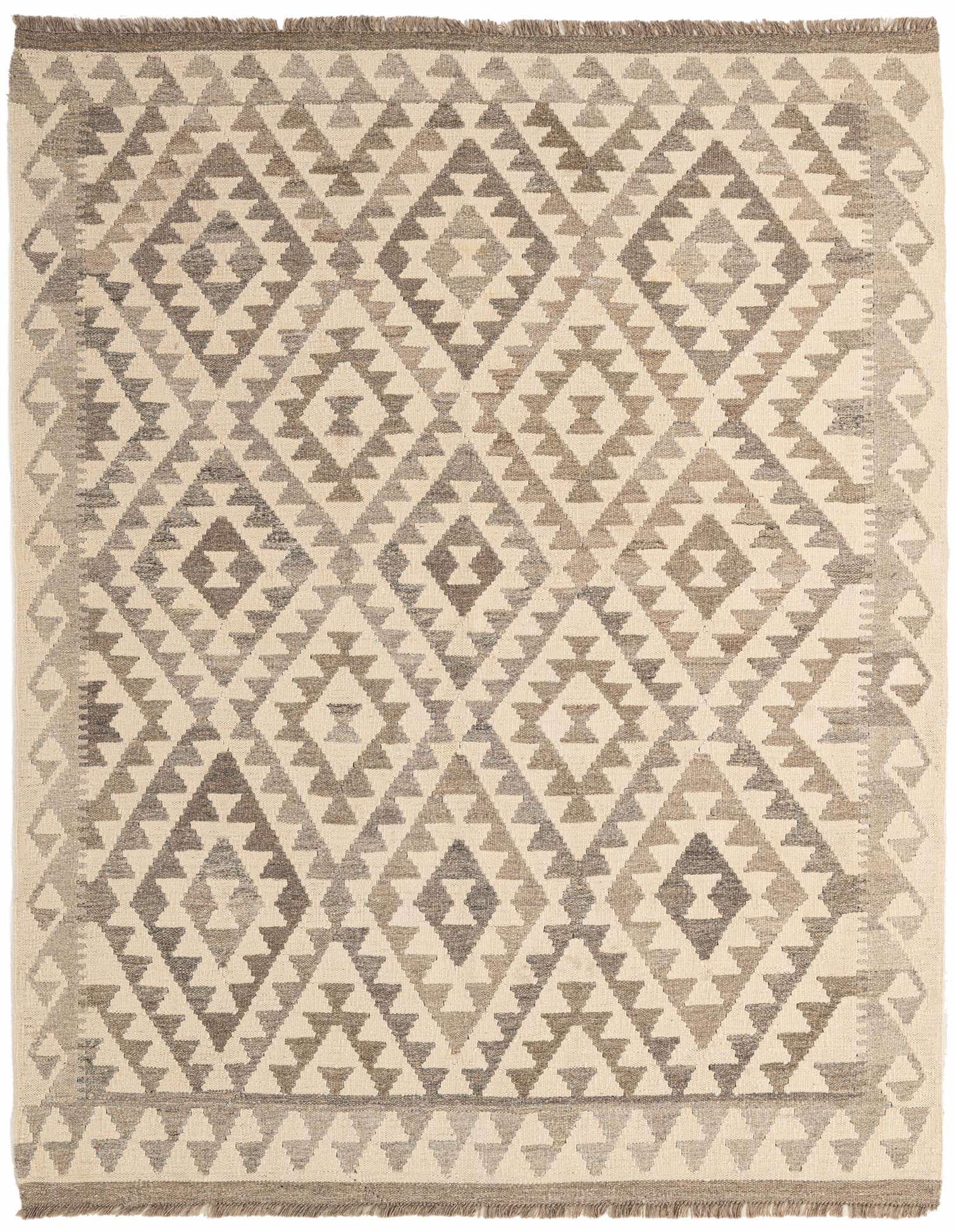 A 5x7 rectangular Kilim Maymana rug featuring a tribal geometric pattern in shades of ivory and cream, with a flatweave texture.