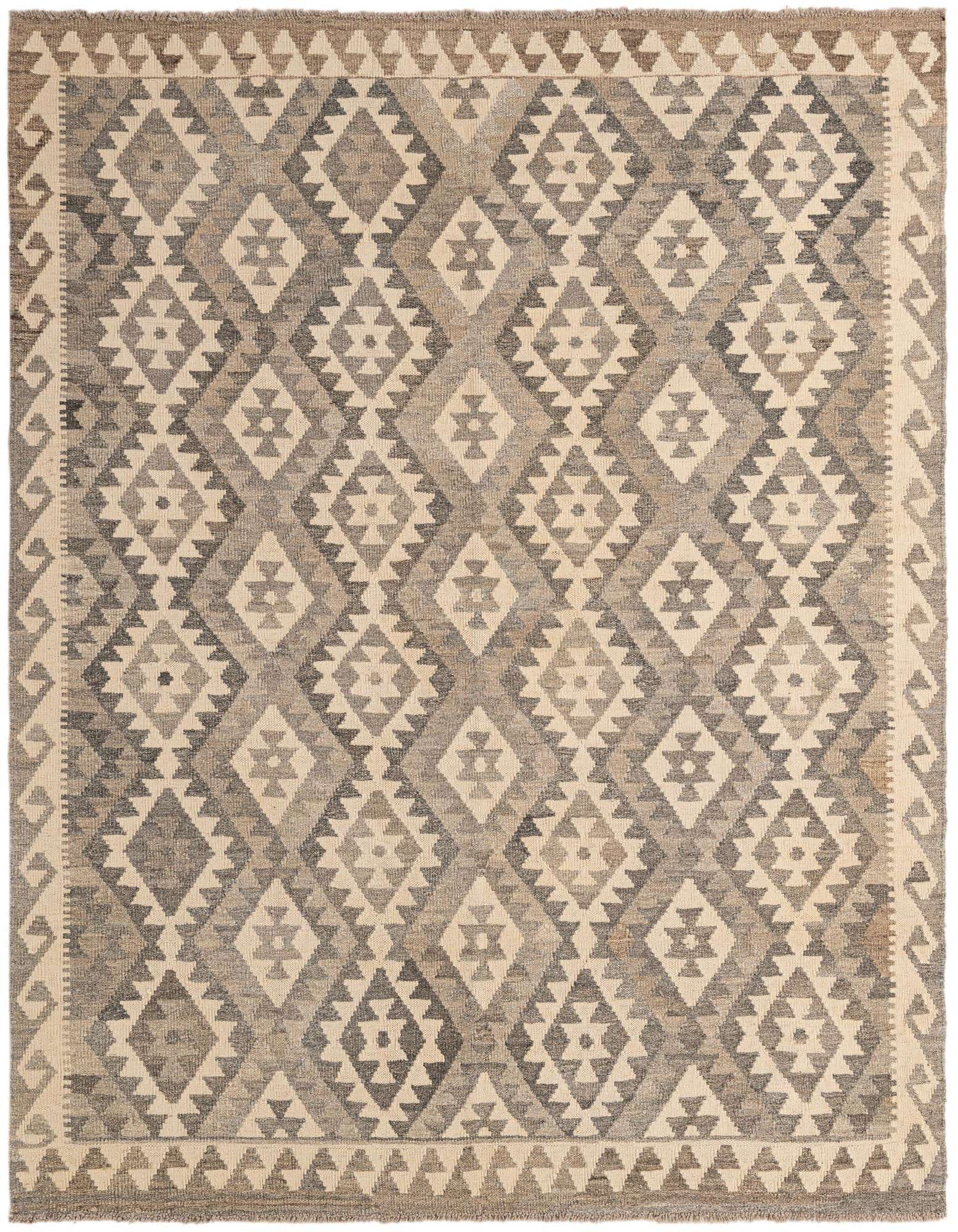 A 5x7 rectangular Kilim Maymana rug featuring a tribal geometric pattern in shades of ivory, cream, and gray.