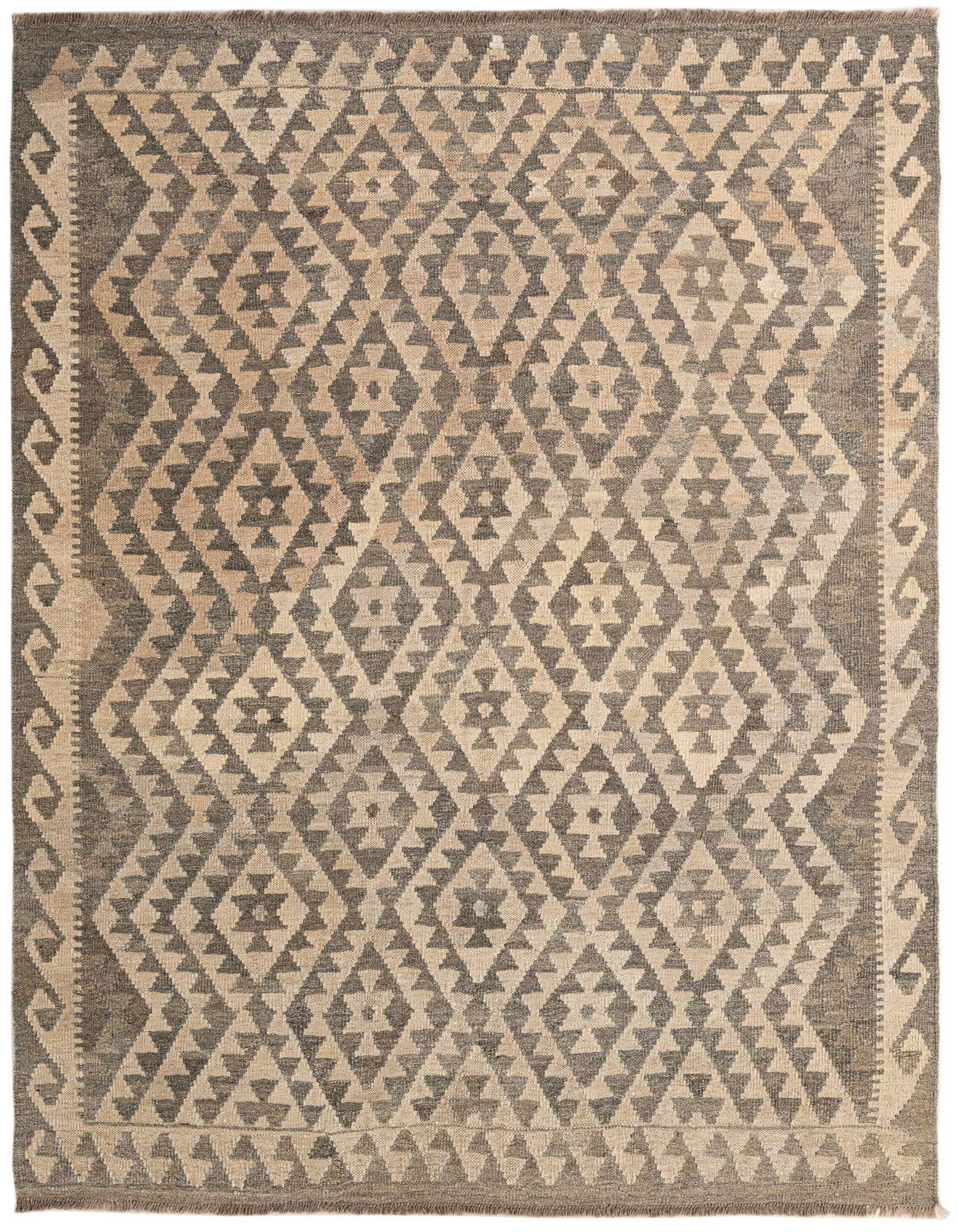 A 5x7 rectangular Kilim Maymana rug featuring a tribal geometric diamond pattern in ivory and dark gray tones.