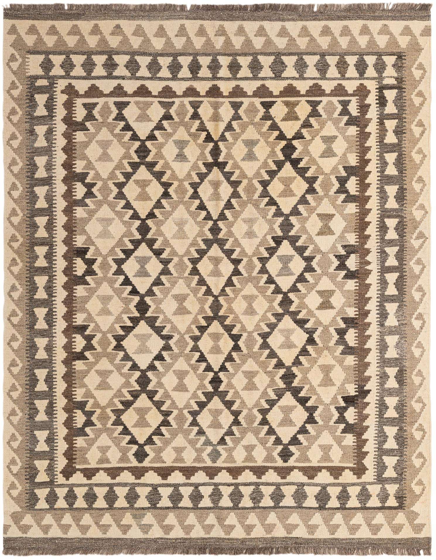 A 5x7 rectangular Kilim Maymana wool rug featuring tribal geometric patterns in ivory, cream, and various shades of brown.